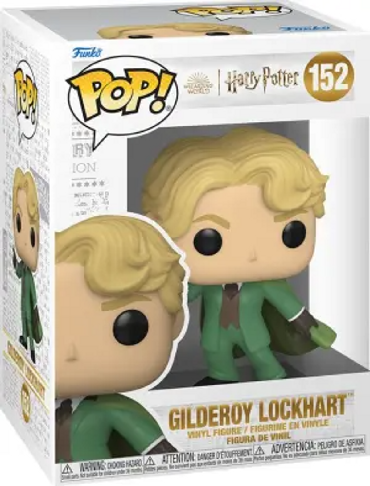 Gilderoy Lockhart Funko Pop Figur in ihrer Box, die Figur in grünem Outfit.