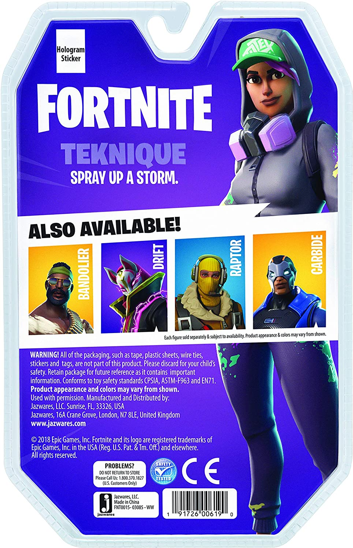 Rückseite der Fortnite Tekniue-Actionfigur-Verpackung mit Charaktergrafik und zusätzlichen Charakterbildern.