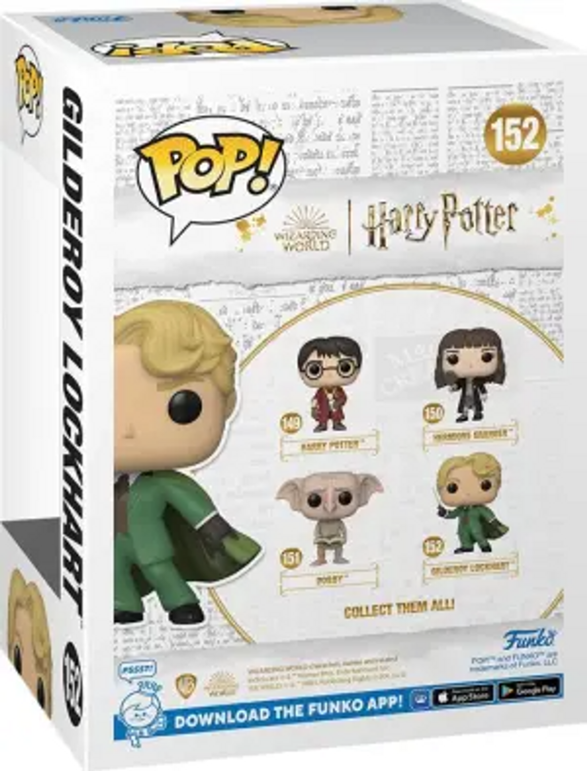 Rückseite einer Harry Potter Funko Pop Box mit Charakterbildern und Text.