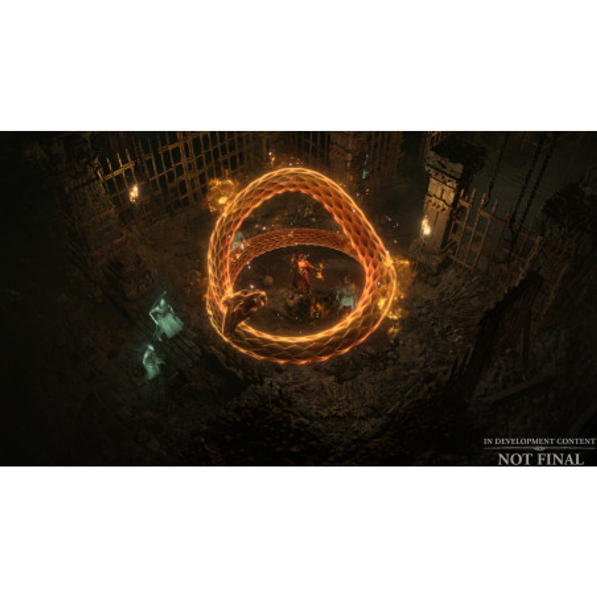 Una escena de fuego con figuras y un círculo brillante, en un entorno oscuro.