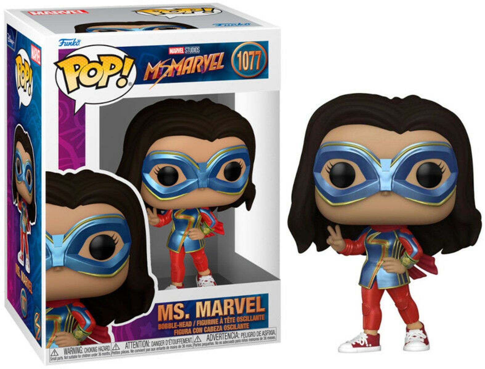 Figurka Ms. Marvel Funko Pop! w pudełku. Nosi niebieską maskę i czerwono-niebieski strój.