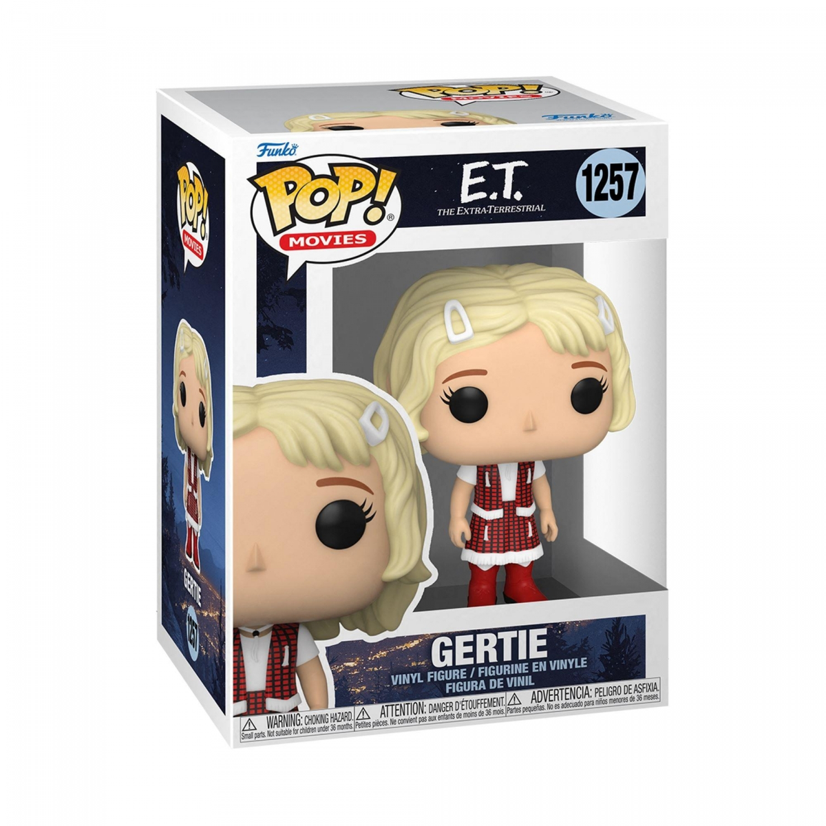 Eine Funko Pop Box mit einer Gertie Figur aus dem Film E.T.. Die Box hat das Funko Pop und E.T. Logo.