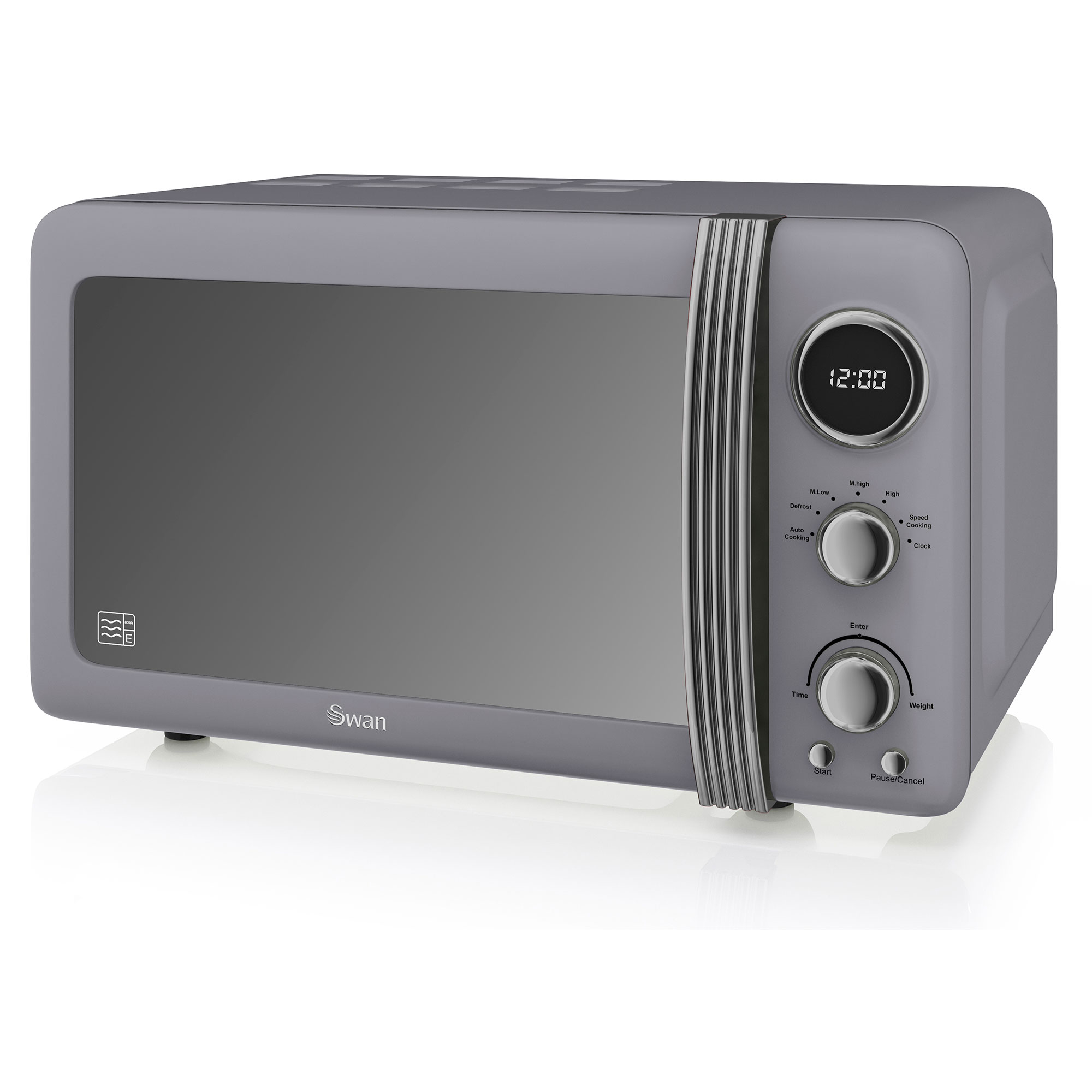 Un microondas gris con una pantalla digital. El microondas tiene botones y diales en el lado derecho.