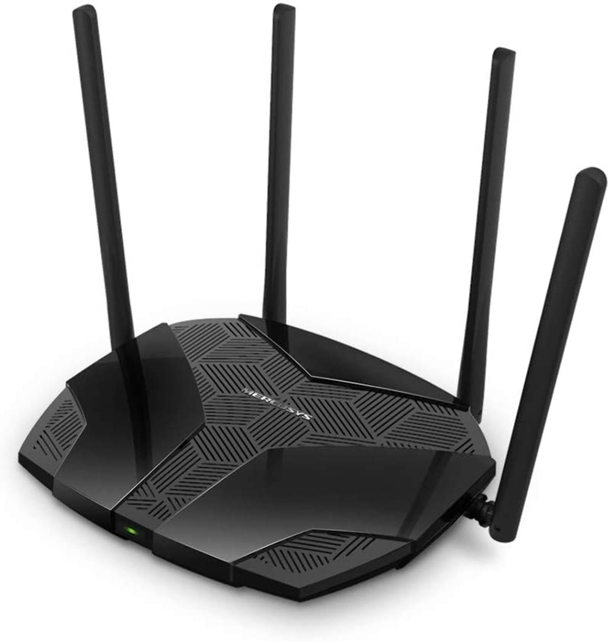 Zwarte router met vier antennes, met een gedetailleerd ontwerp op een witte achtergrond.