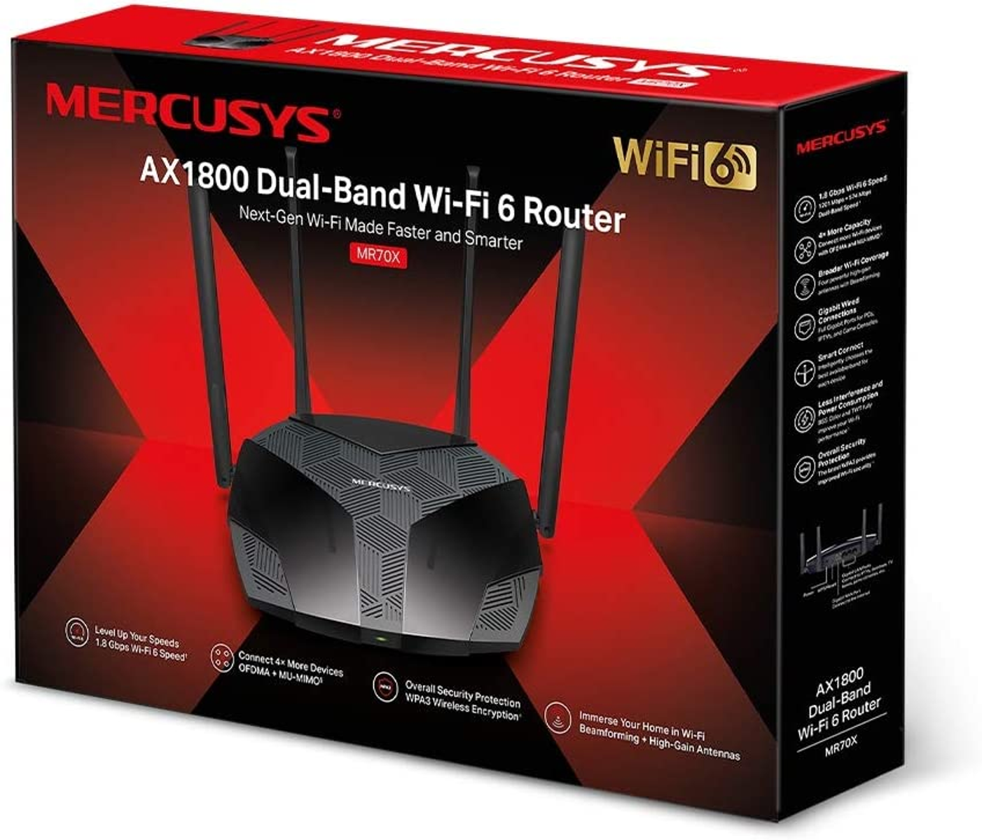 Routerdoos, zwarte routerafbeelding. Tekst: AX1800 Dual-Band Wi-Fi 6 Router.