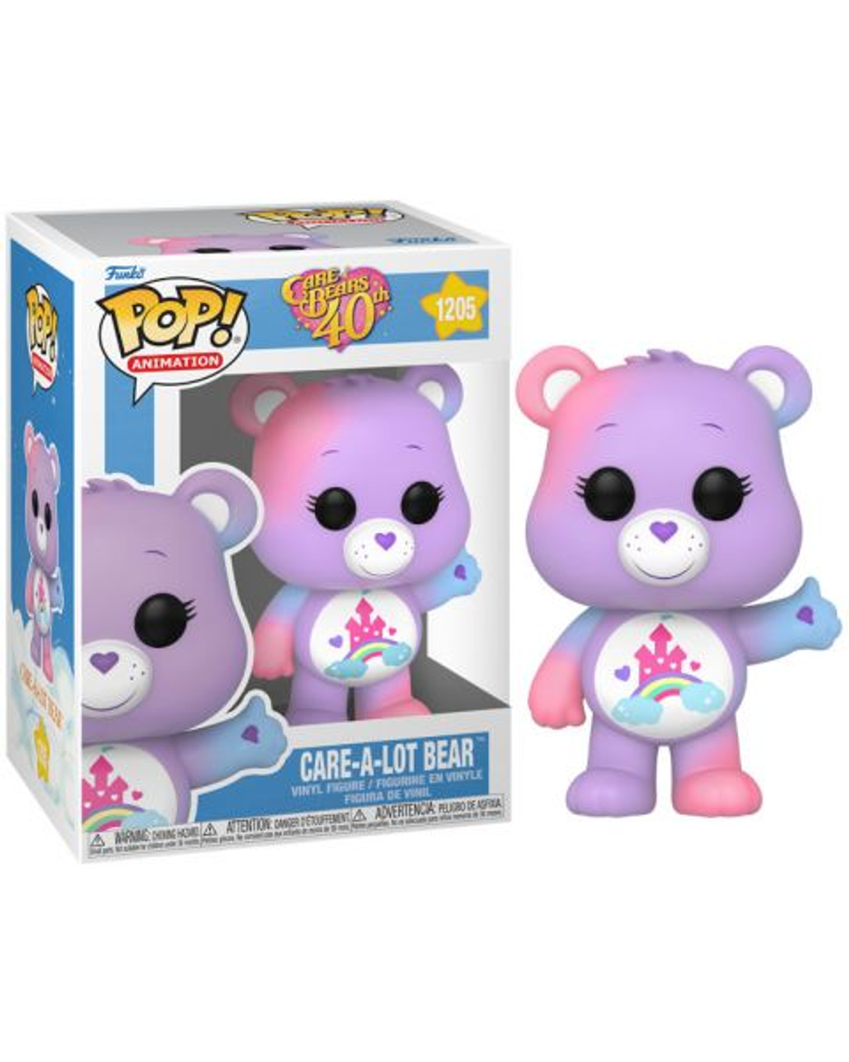 Care-a-lot Bear Funko Pop Figur mit Box. Der Bär ist lila mit Regenbogen-Details.