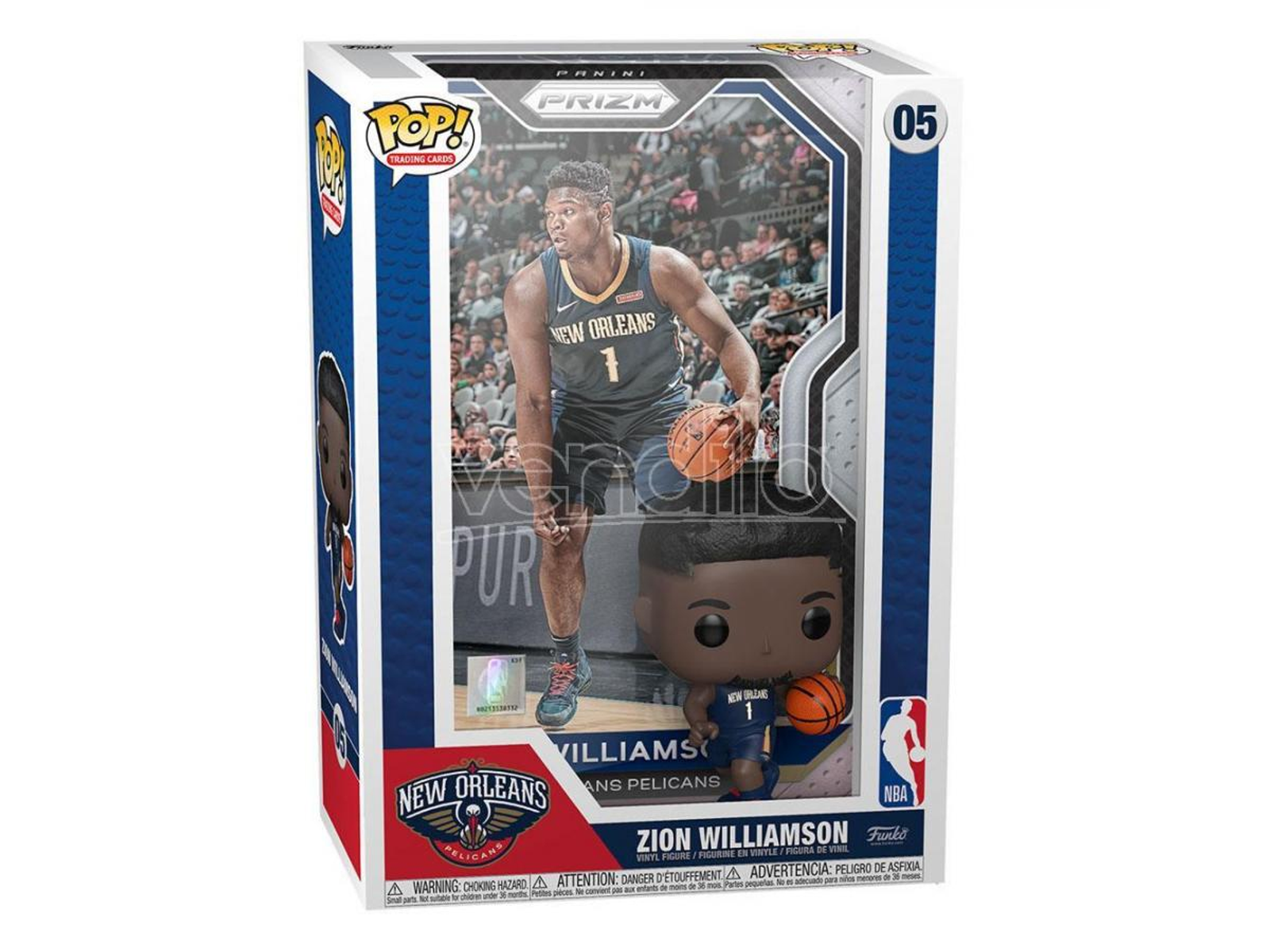 Funko Pop! Box mit Zion Williamson im New Orleans Pelicans-Trikot, der einen Ball hält.