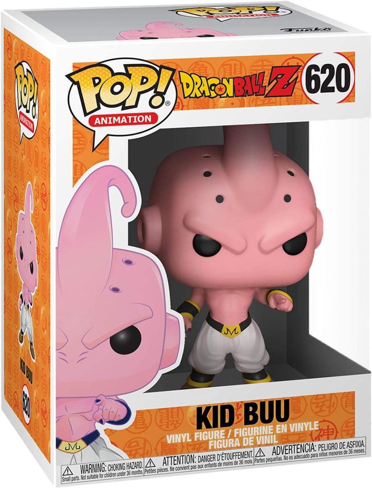 Kid Buu Funko Pop en caja. Figura rosa con pantalones blancos, fondo naranja y amarillo.