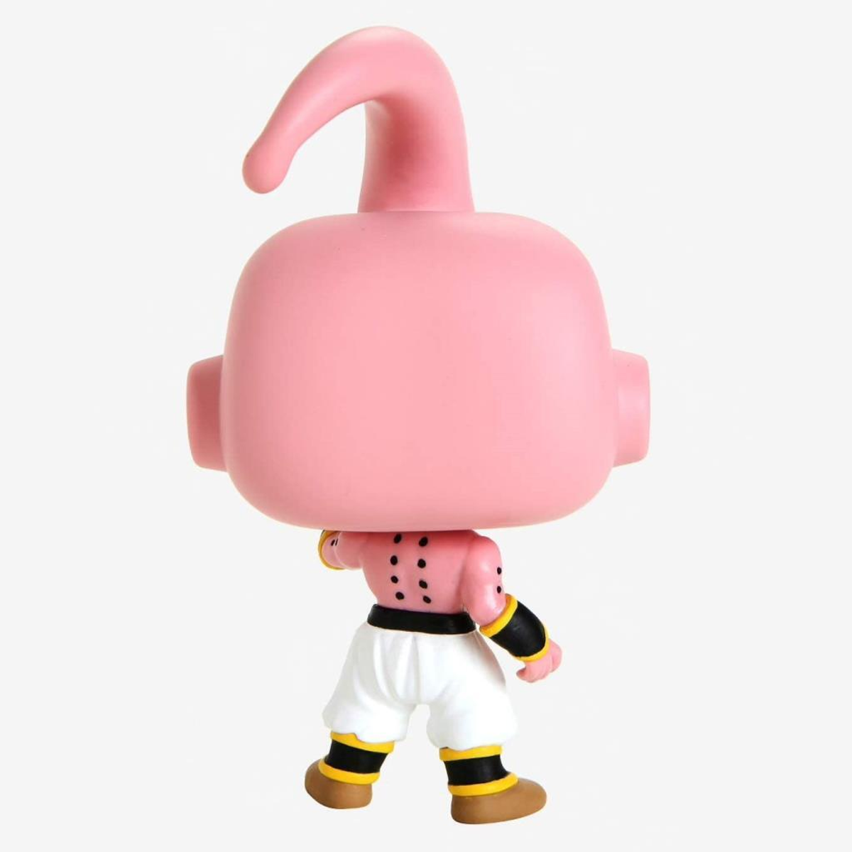 Vista trasera de una figura rosa de Majin Buu de Dragon Ball Z, con pantalones y botas blancas.