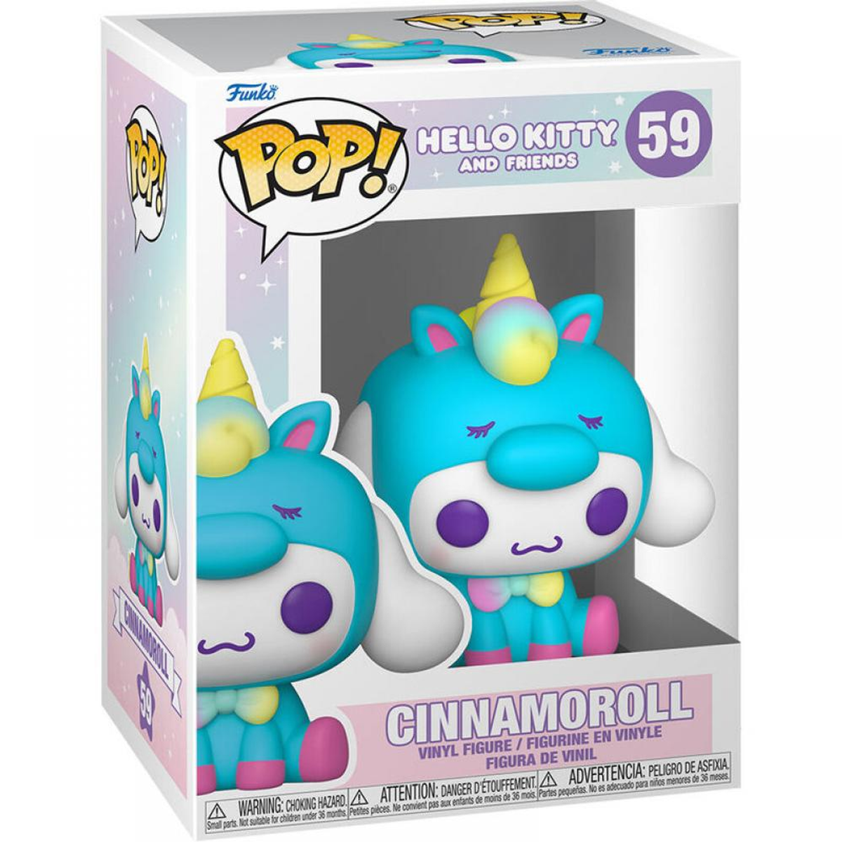 Funko Pop-Box mit zwei blauen Einhorn-Figuren. Auf der Box steht "Hello Kitty and Friends".