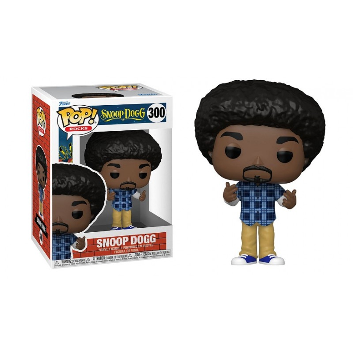 Snoop Dogg Funko Pop Figur mit blauem karierten Hemd, zusammen mit der Box gezeigt.