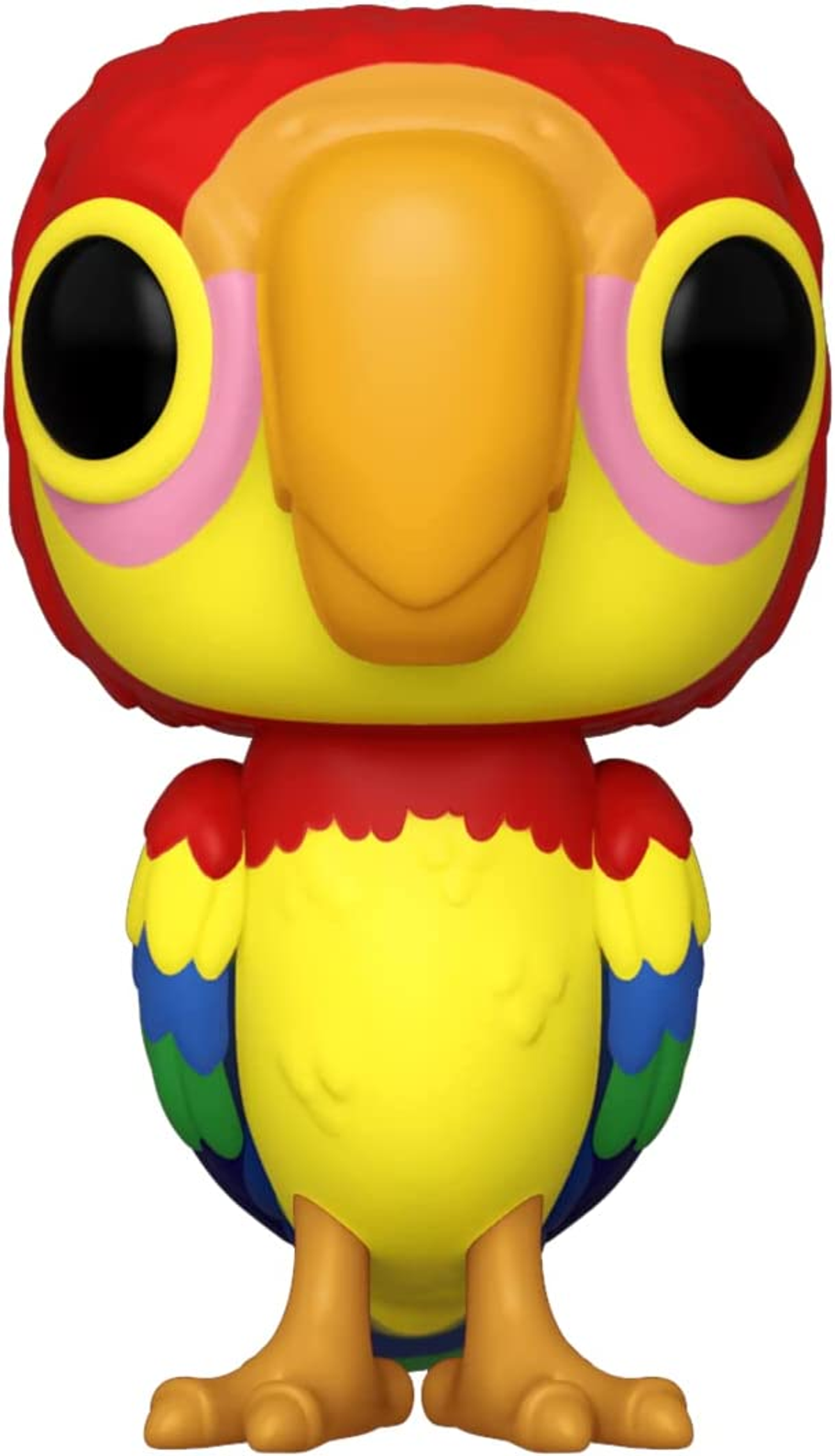 A colorful parrot figurine with a red head, yellow body, and blue, yellow, and red wings, with a large orange beak.