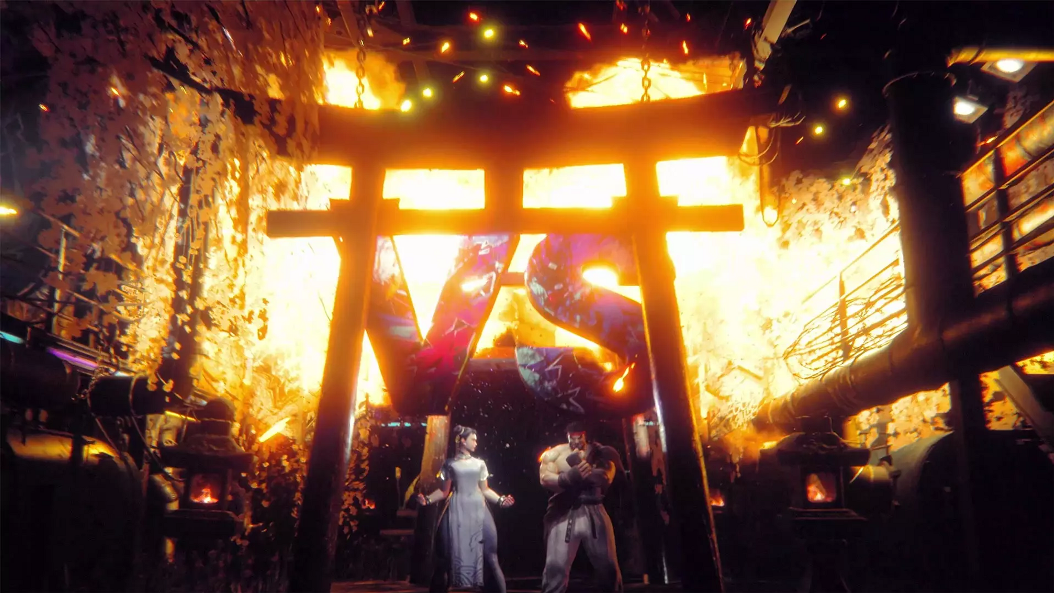 Ognista scena z ludźmi pod japońską bramą torii, płomienie dookoła.