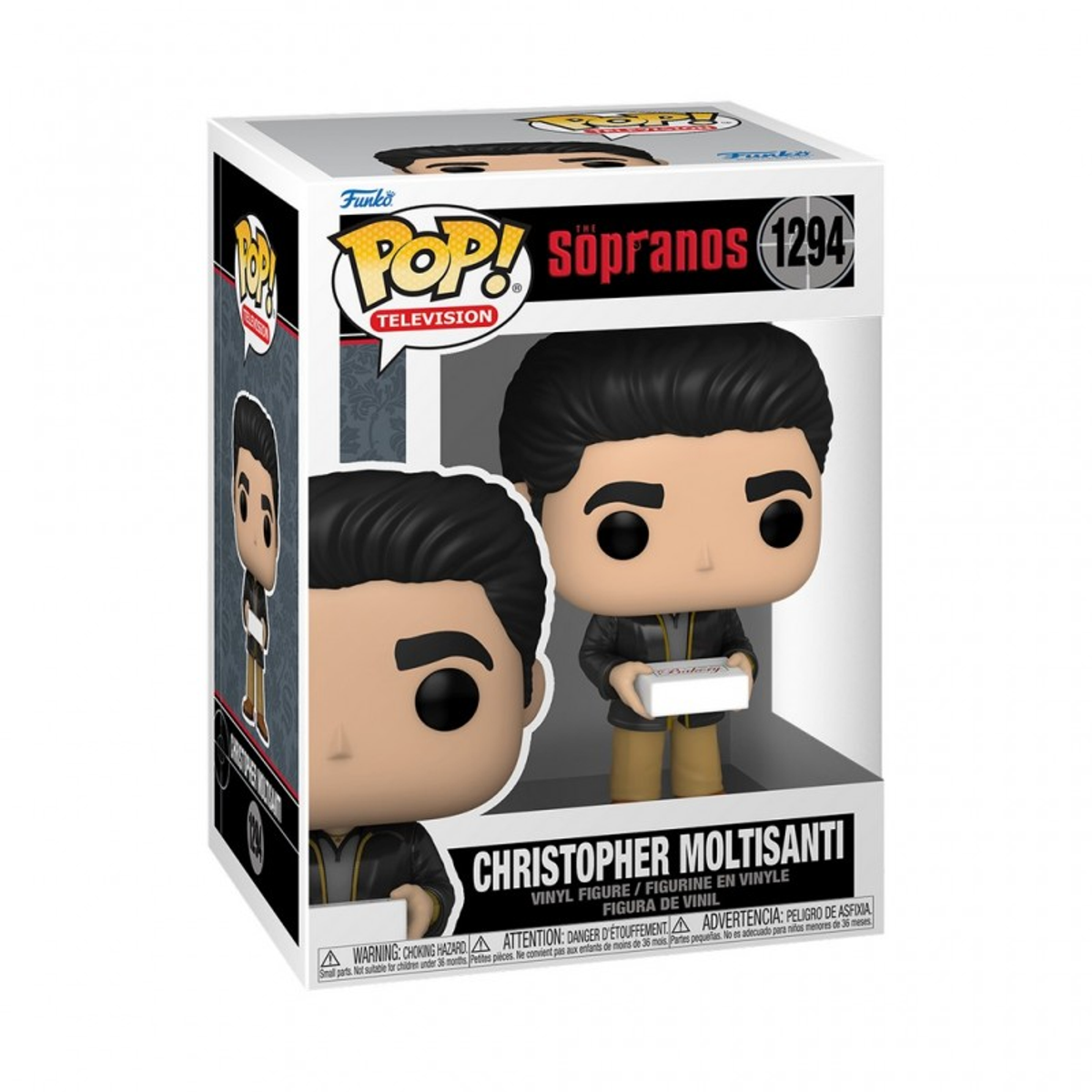 Scatola Funko Pop di Christopher Moltisanti de I Soprano, con una scatola in mano.