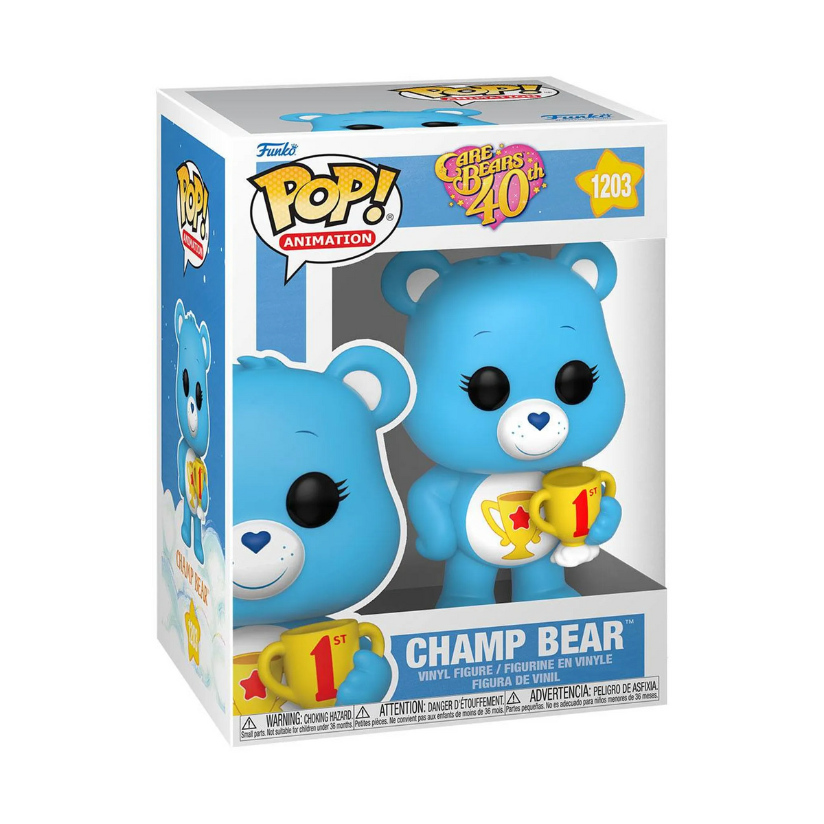Funko Pop-Box von Champ Bear, einem blauen Care Bear, der eine Trophäe hält, auf weißem Hintergrund.