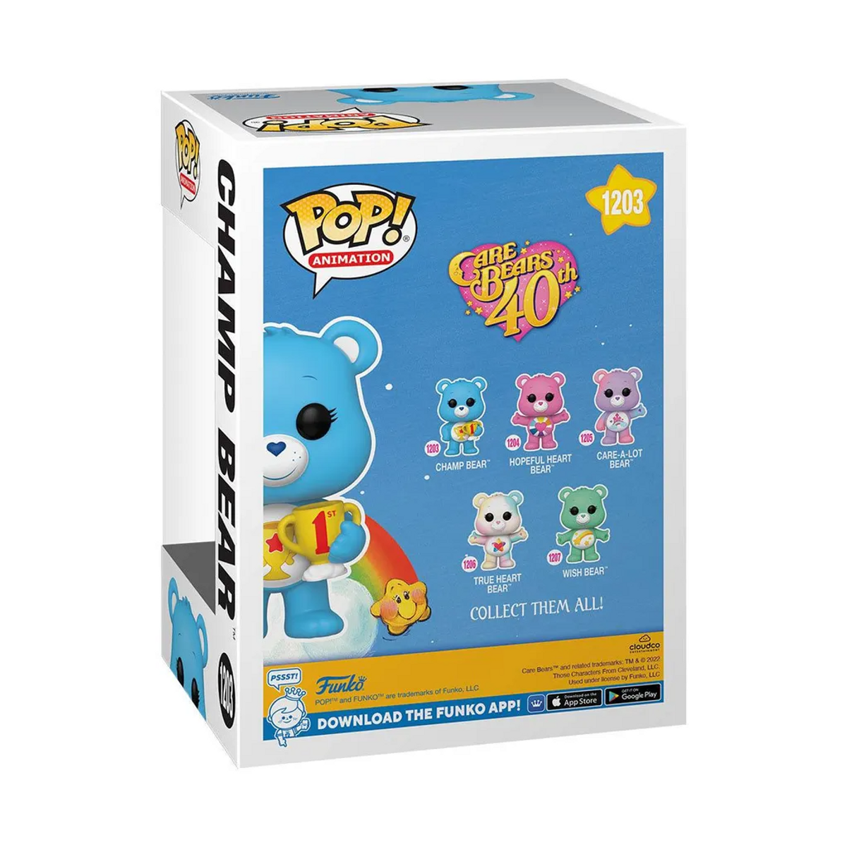 Care Bears Champ Bear Funko Pop Box. Zeigt einen blauen Bären, der eine Trophäe und einen Regenbogen hält.