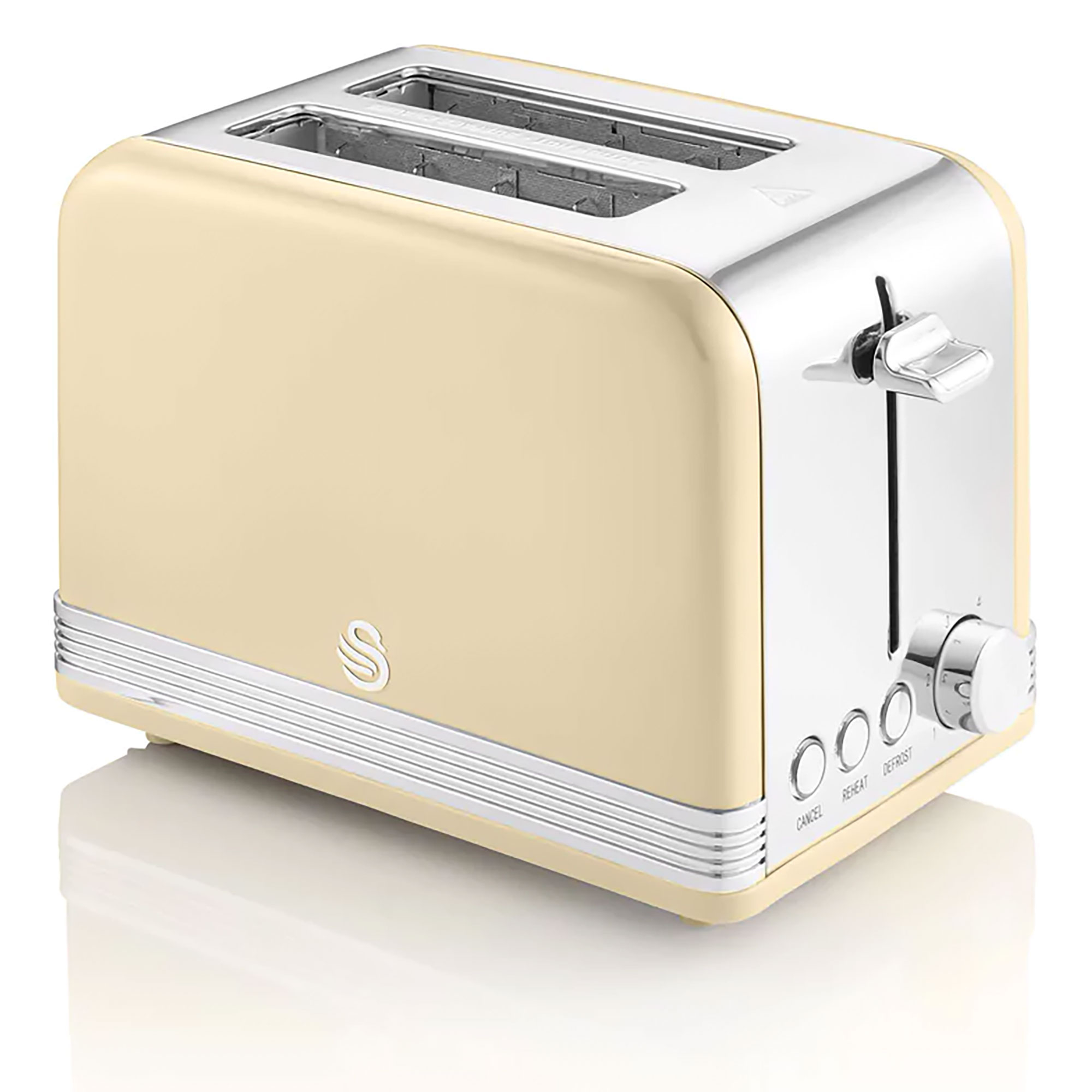 Cremefarbener Toaster mit Chromakzenten. Er hat zwei Schlitze und Knöpfe.