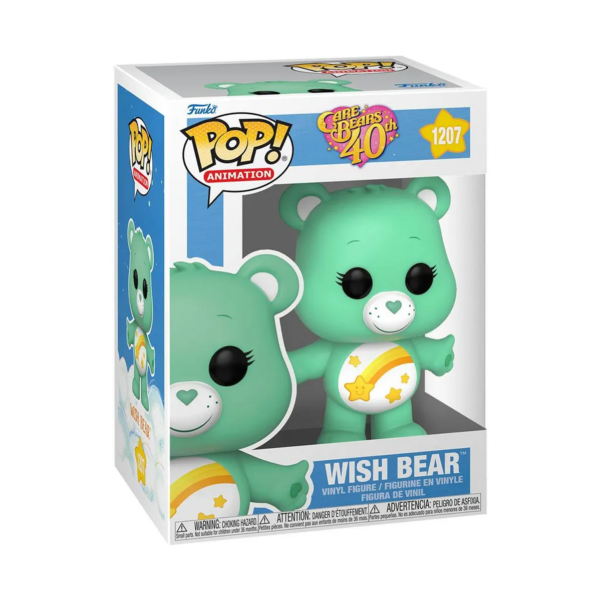 Care Bears Wish Bear Figur in einer Box mit buntem Hintergrund.