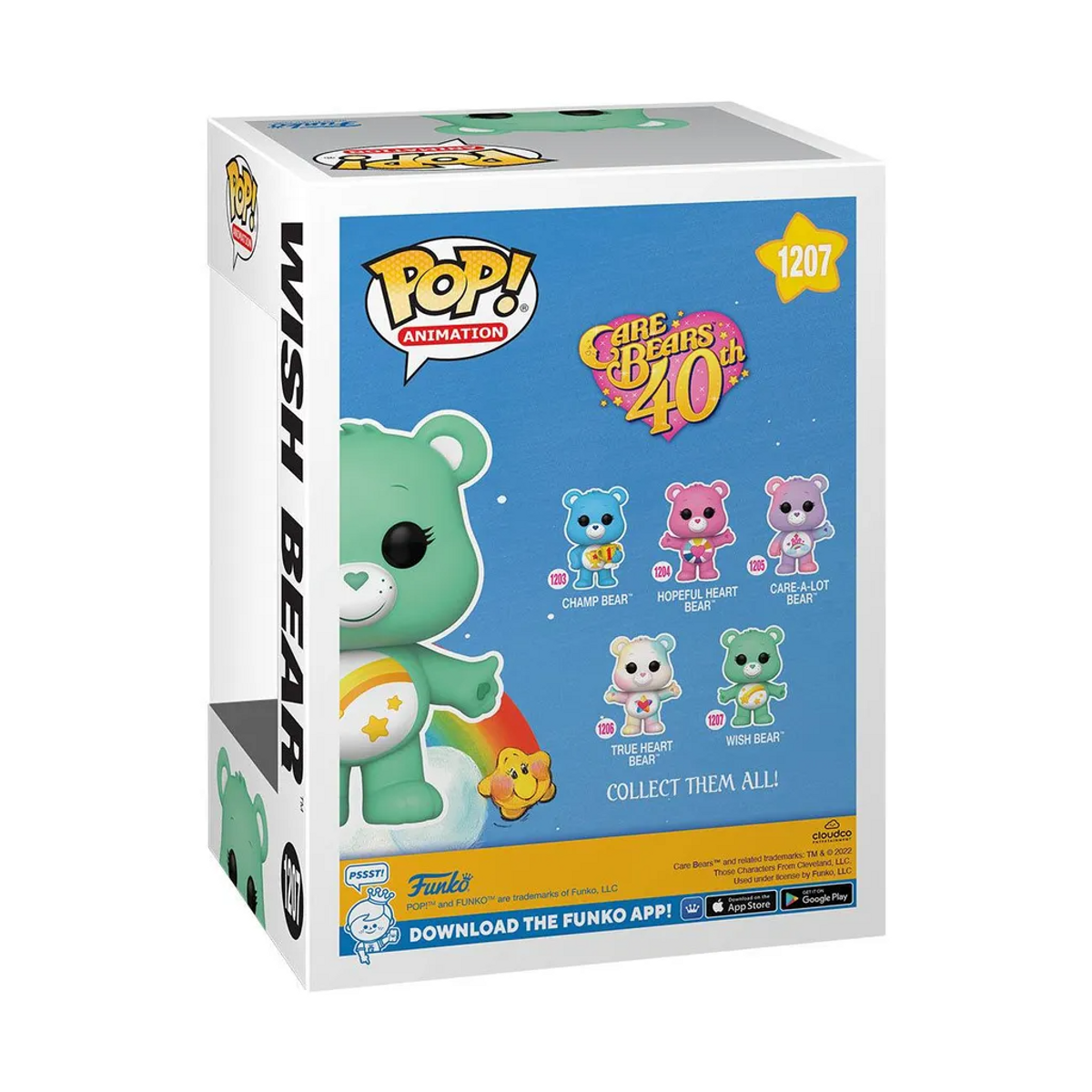 Weiße Funko Pop-Box mit einer grünen Wish Bear-Figur, Regenbogen und verschiedenen Care Bears-Figuren.