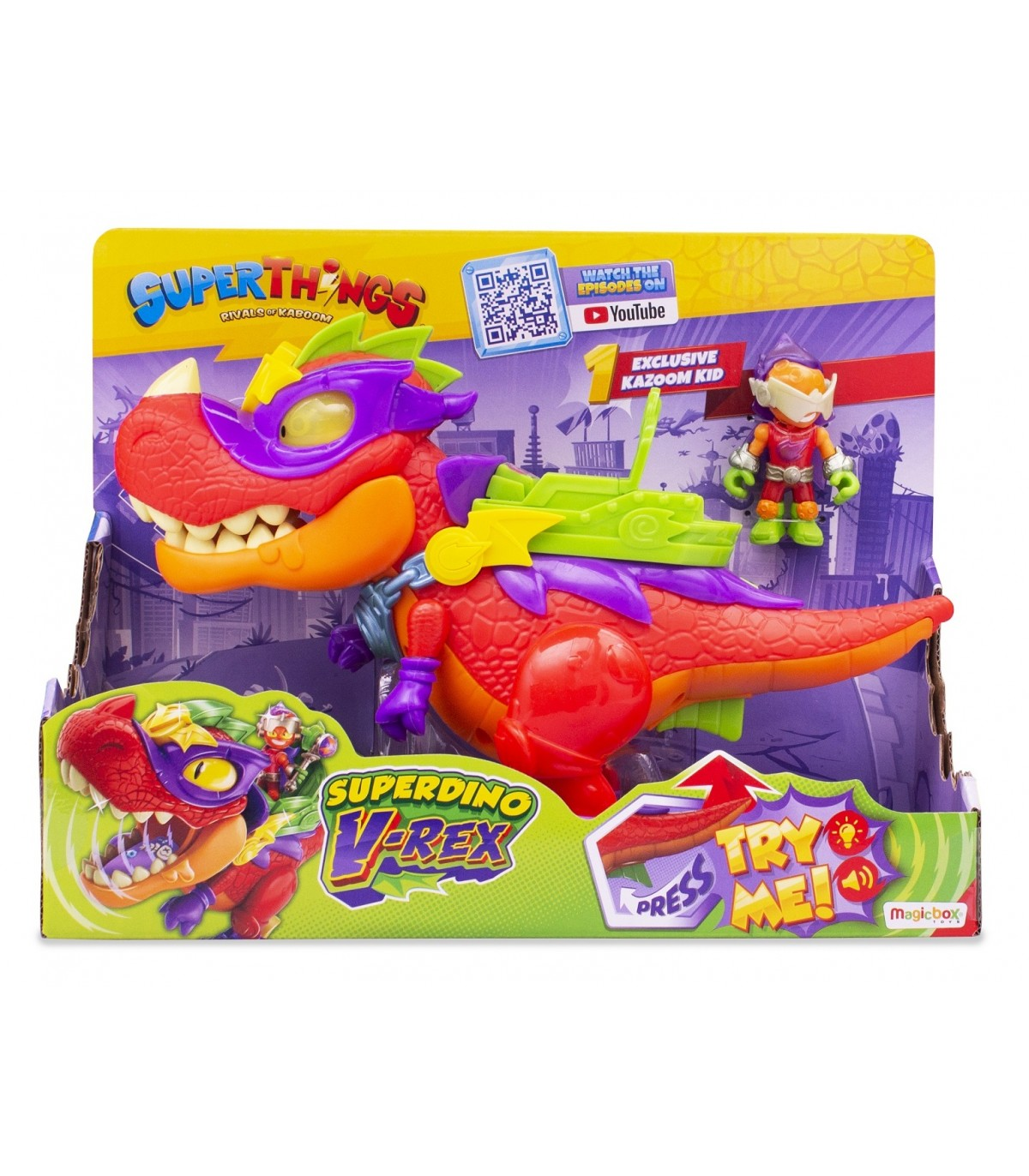 Una caja de juguetes con un dinosaurio rojo y naranja. El juguete es un SuperThings V-Rex.