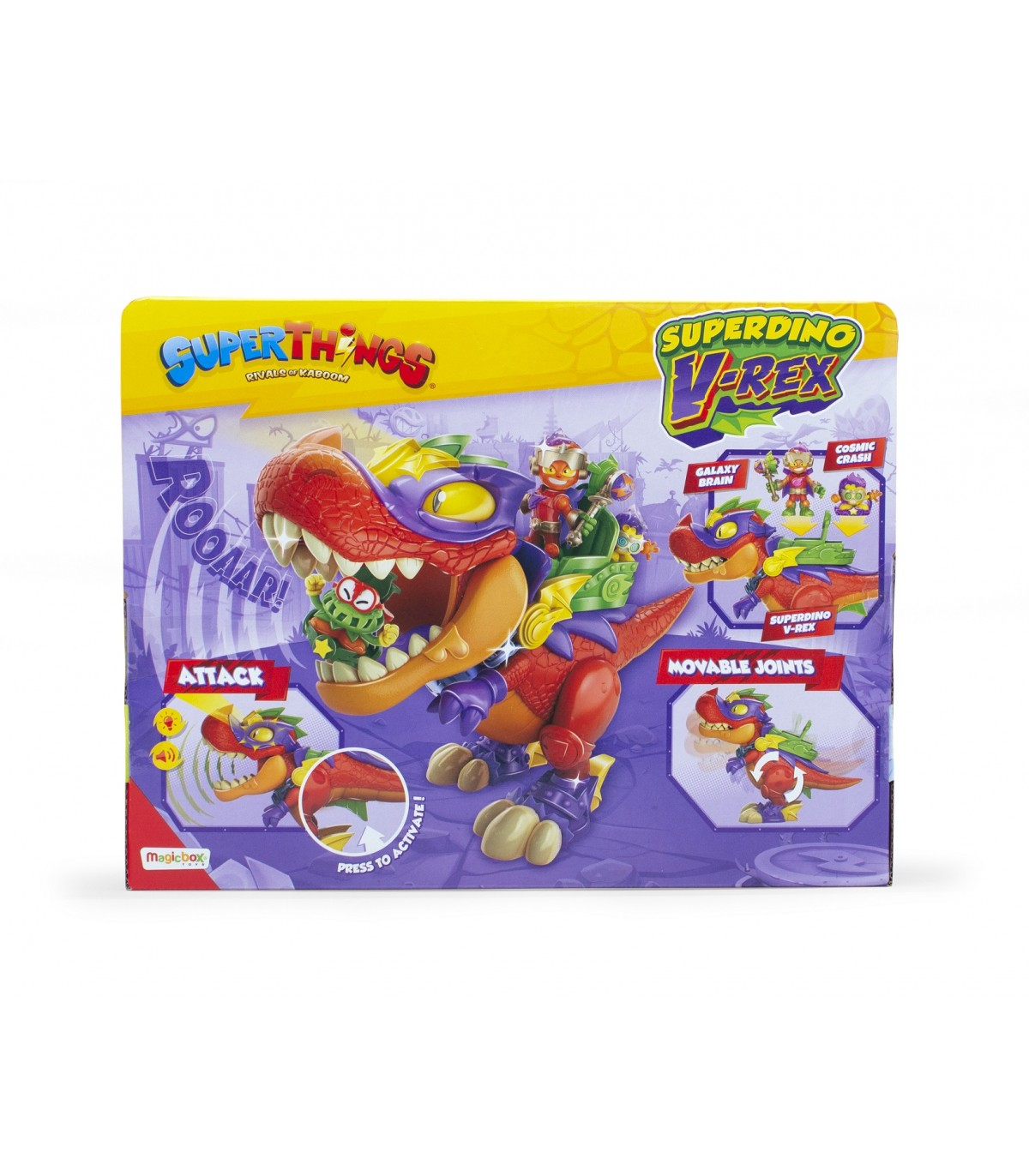 Caja de SuperThings con una figura de dinosaurio con colores rojo y morado.