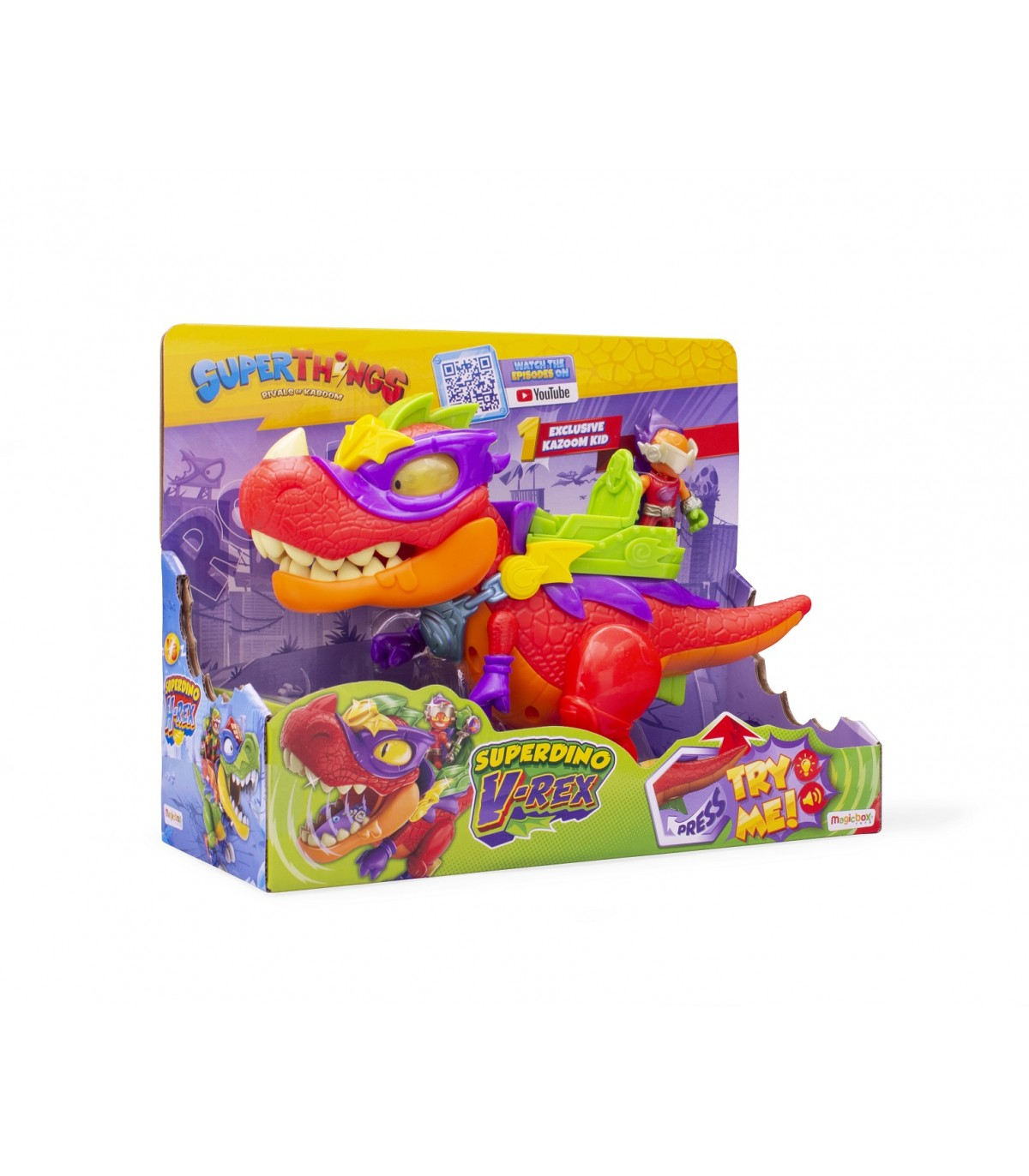 Juguete SuperThings V-Rex en una caja con diseño de dinosaurio.