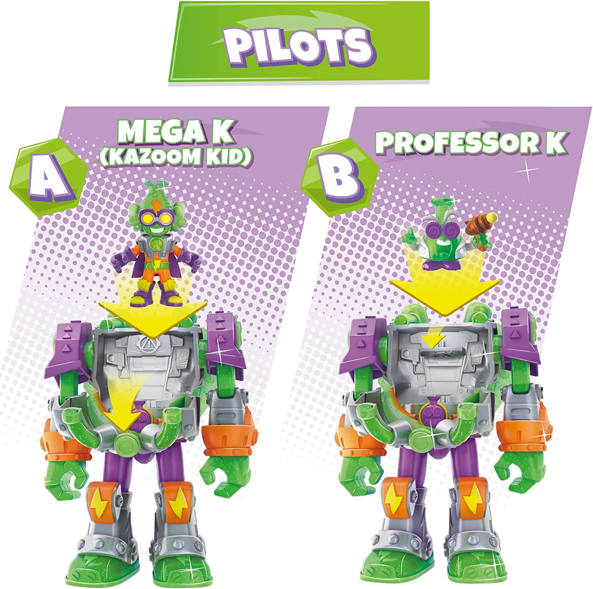 Due robot giocattolo con parti intercambiabili ed etichette 'Mega K' e 'Professor K'.