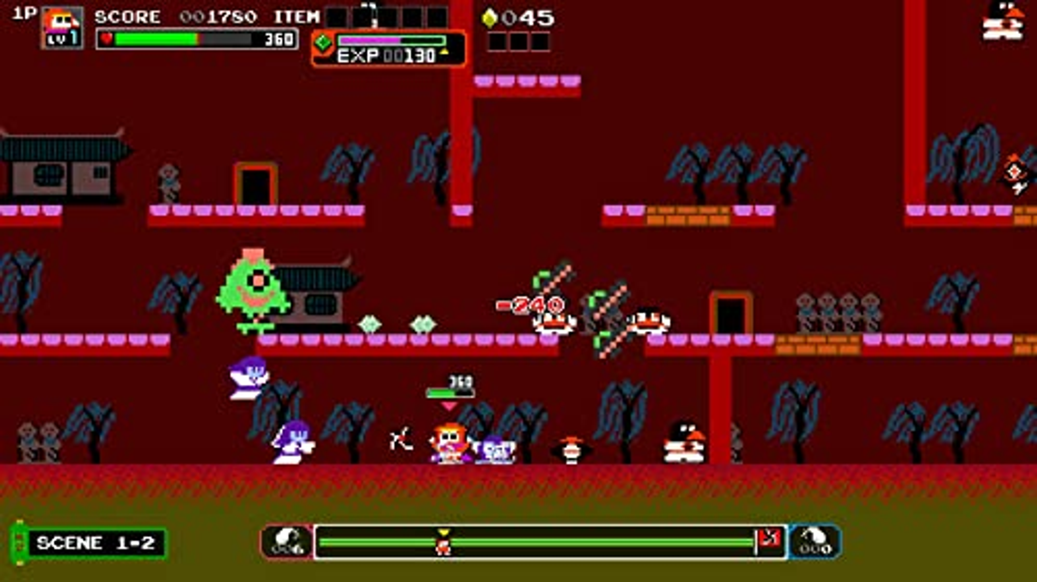 Una escena de videojuego de desplazamiento lateral pixelada en tonos rojos. Luchan en un entorno japonés.
