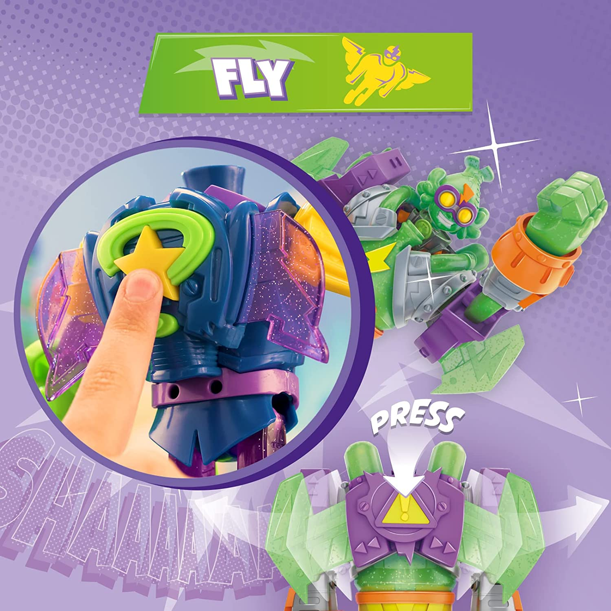 Un robot giocattolo con un pulsante premuto, colori verdi e viola e uno striscione 'FLY'.