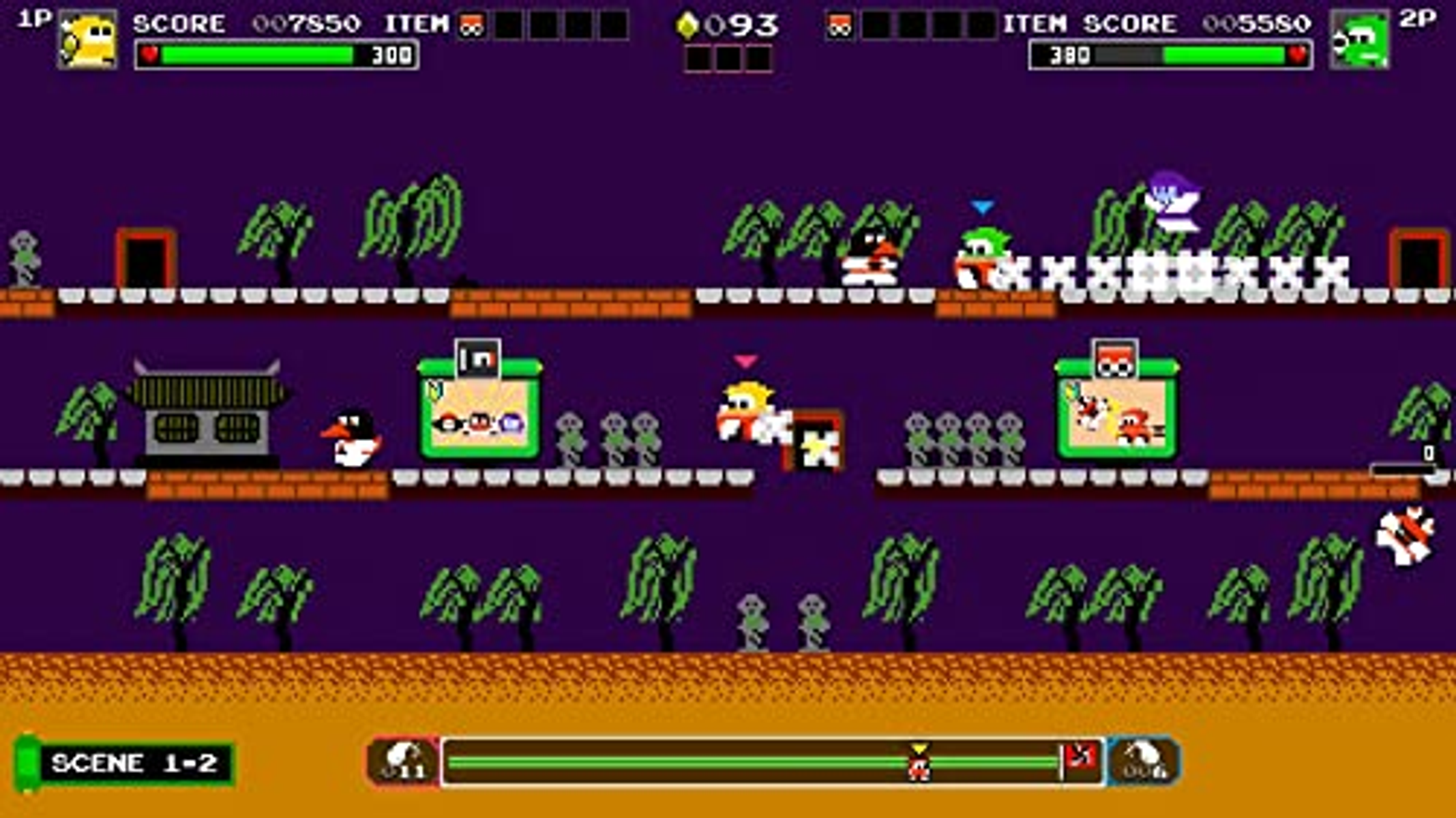 Captura de pantalla pixelada de un videojuego retro. Los personajes corren y saltan.