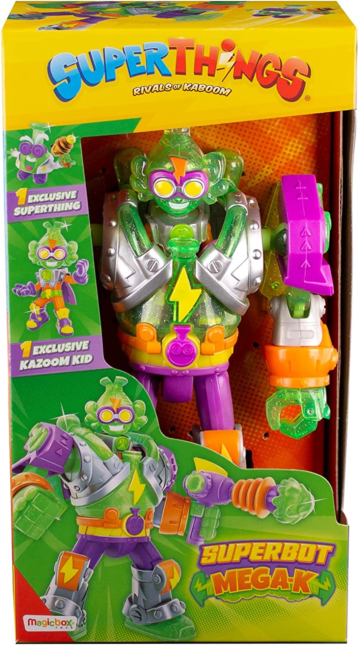 Scatola di giocattoli SuperThings Superbot MegaK con un robot e accessori, su sfondo bianco.