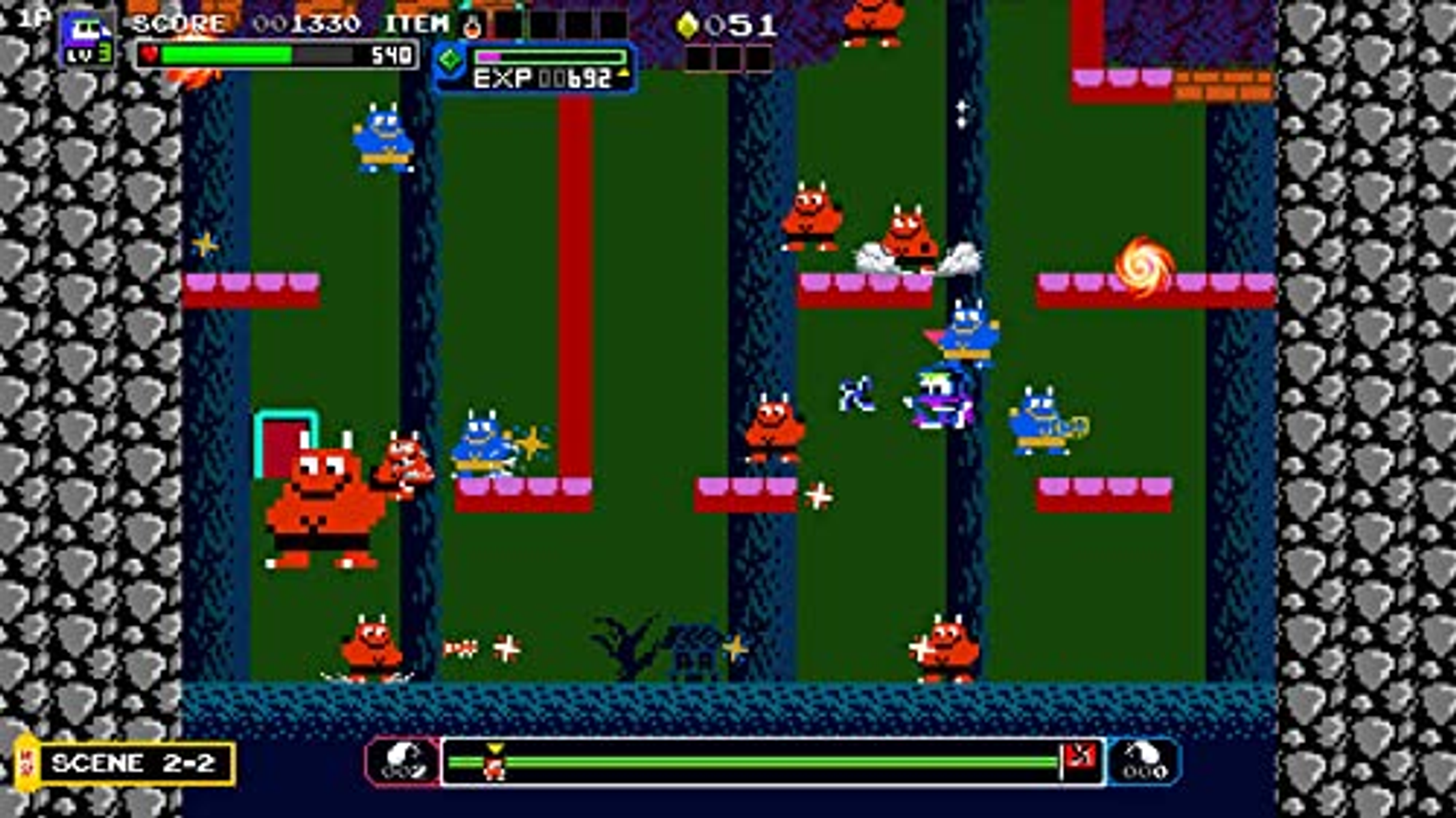 Una scena di videogioco retrò con personaggi pixelati in un ambiente forestale.