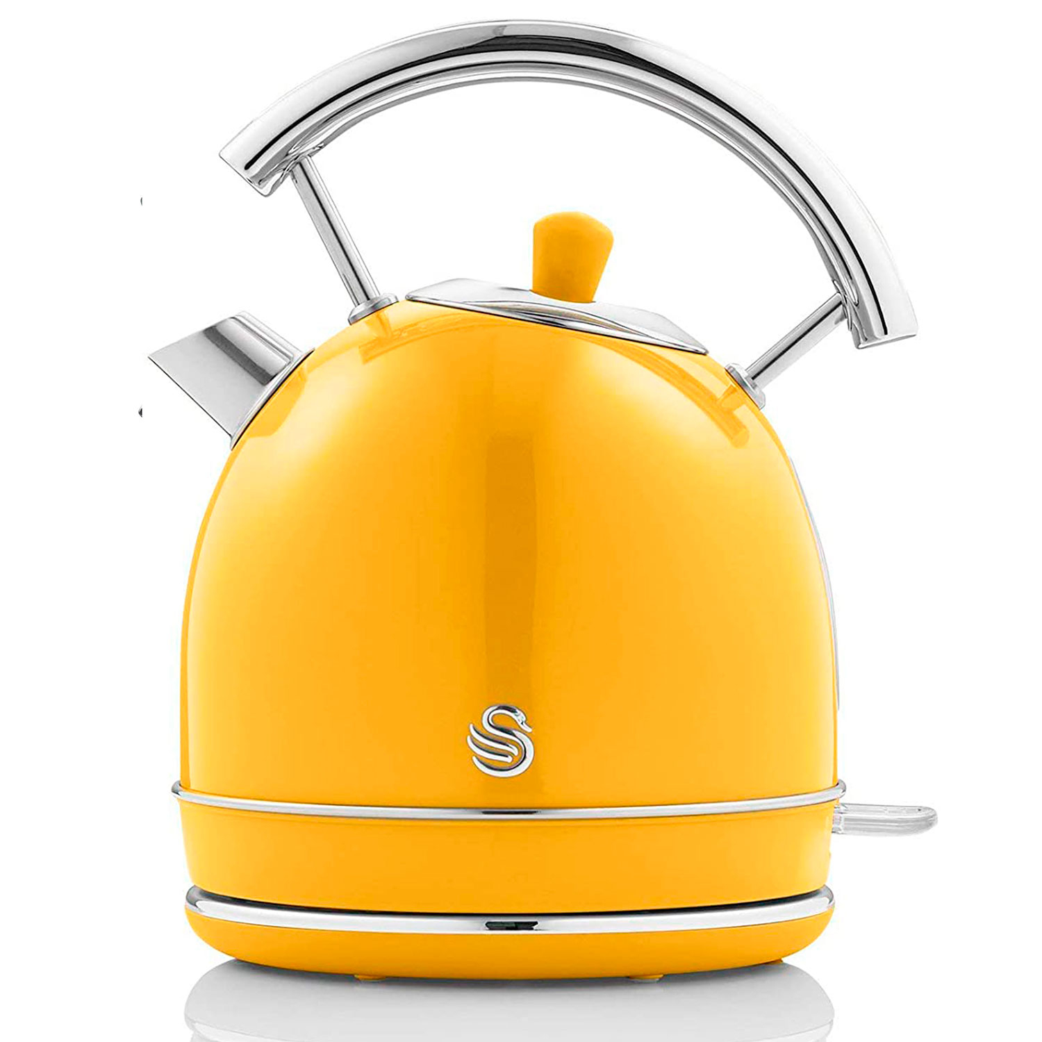 Hervidor amarillo con asa plateada, logo de cisne y pomo amarillo.