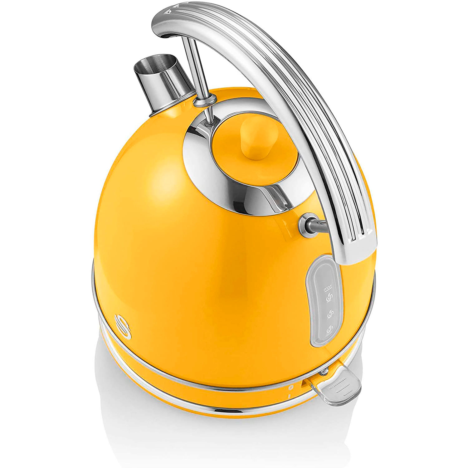 Hervidor Swan amarillo con detalles cromados y asa plateada sobre fondo blanco.