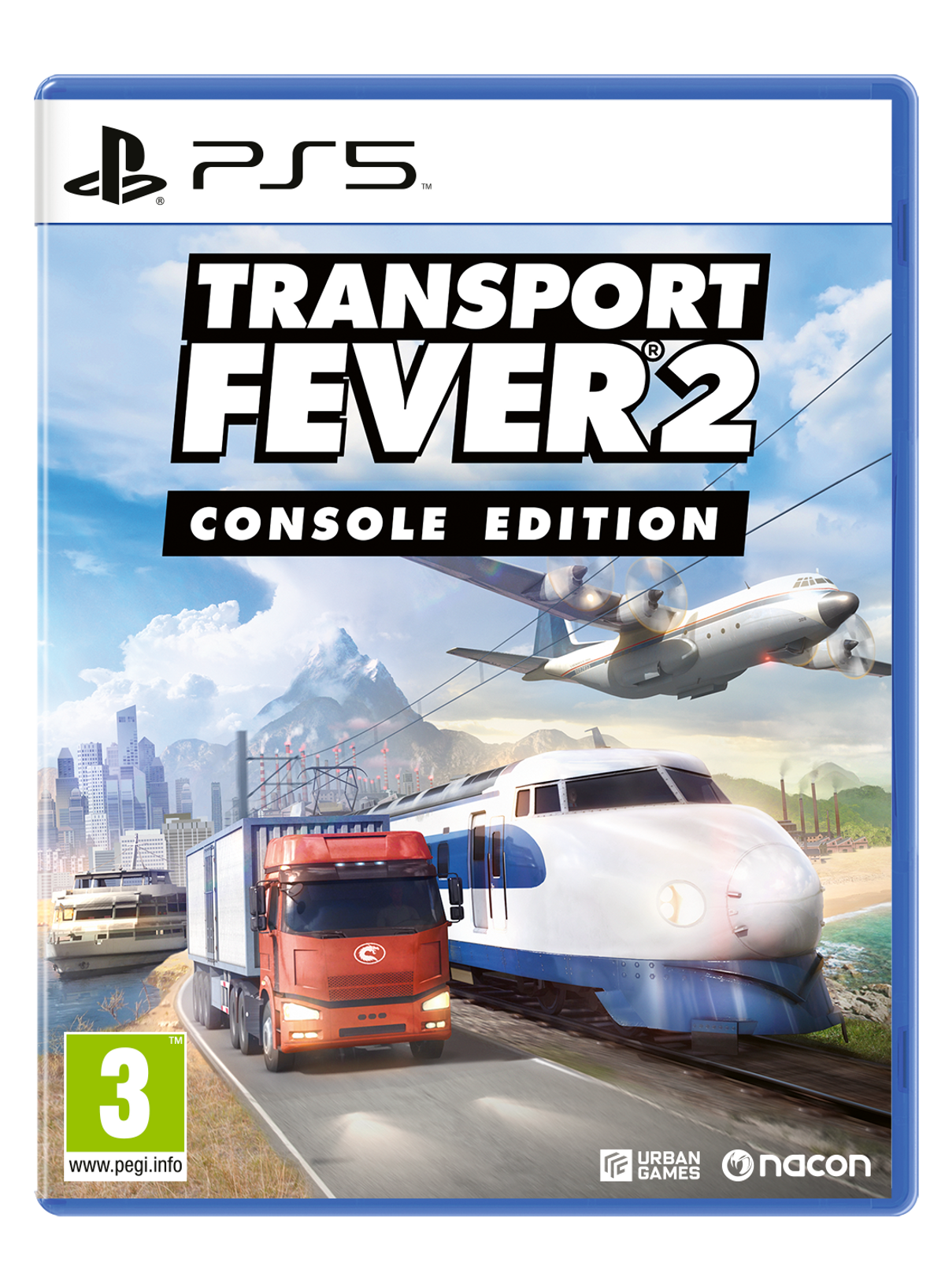 Scatola del gioco PlayStation 5 per 'Transport Fever 2: Console Edition'. Treno, camion e aereo.
