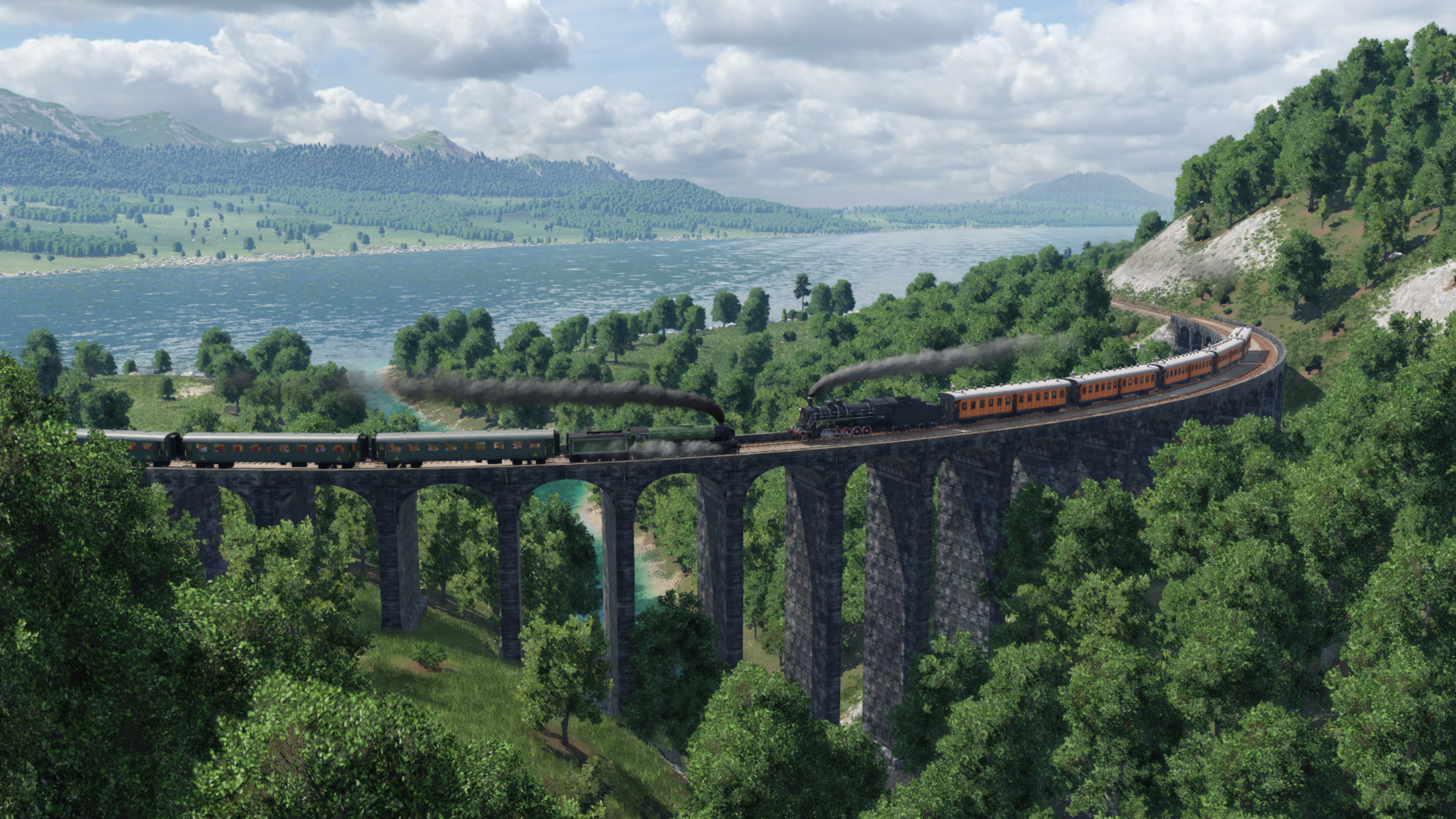 Un treno su un ponte di pietra sopra un fiume, circondato da alberi e un lago.
