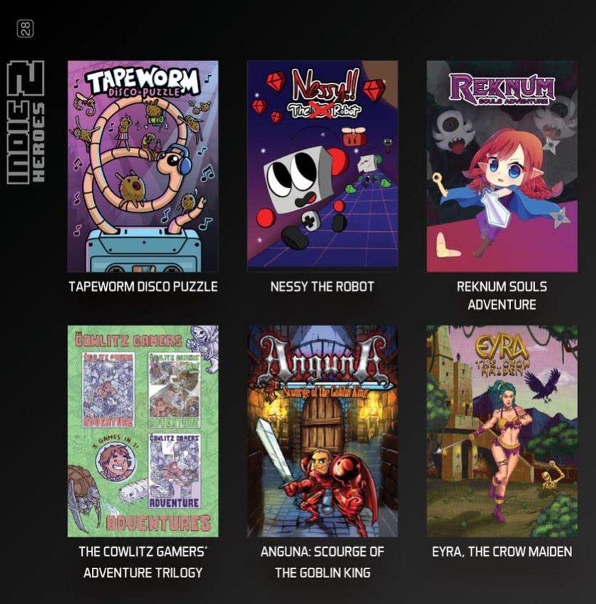 Sześć okładek gier, z kolorowymi grafikami i tytułami takimi jak Tapeworm, Nessy i Anguna.