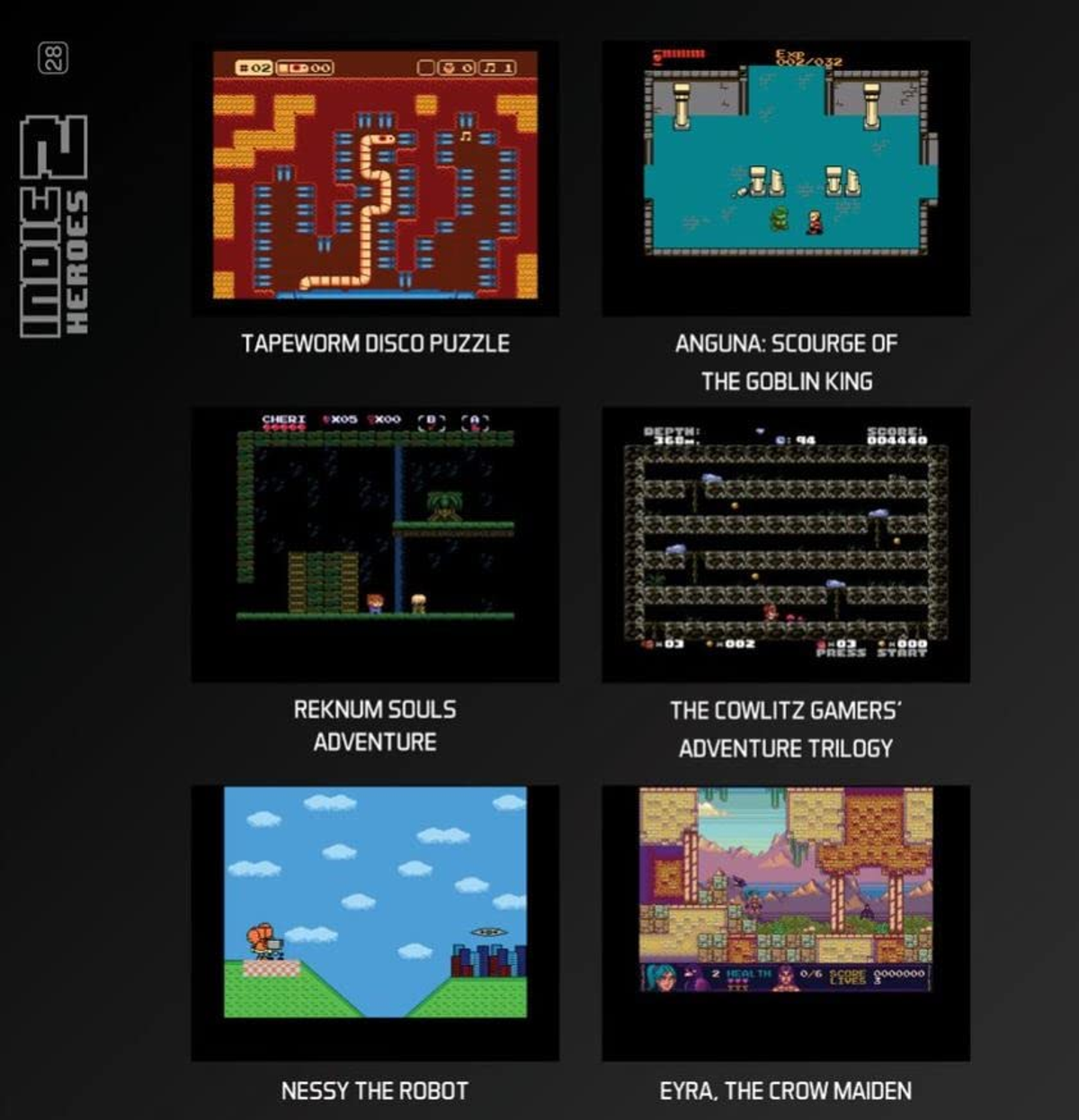 Zrzuty ekranu z sześciu gier wideo retro z tytułami. Gry obejmują gatunki logiczne i przygodowe.