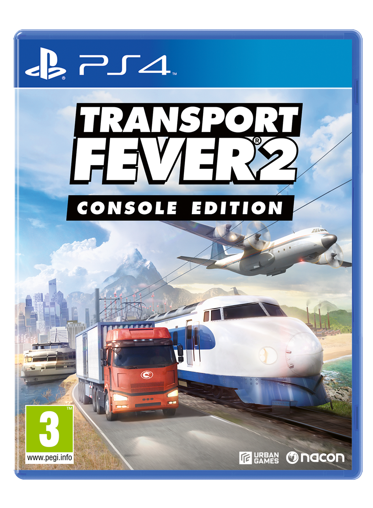 Copertina del gioco. Un treno, un camion e un aereo su sfondo blu, con il logo.