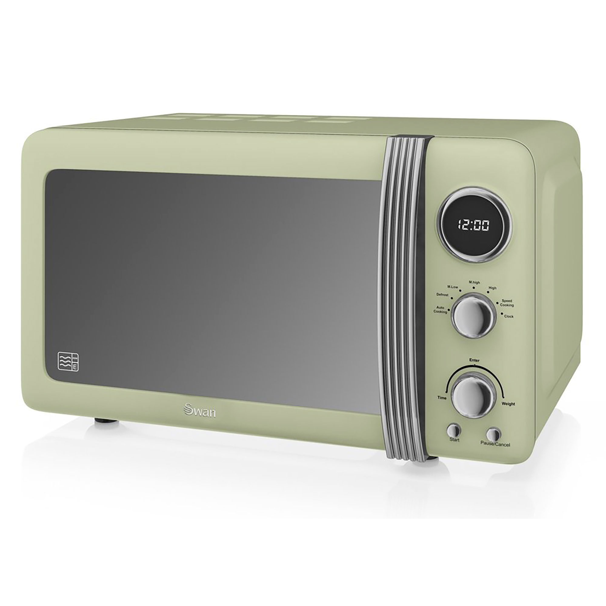 Grüner Mikrowellenherd im Retro-Design mit Bedienknöpfen und Digitaluhr.
