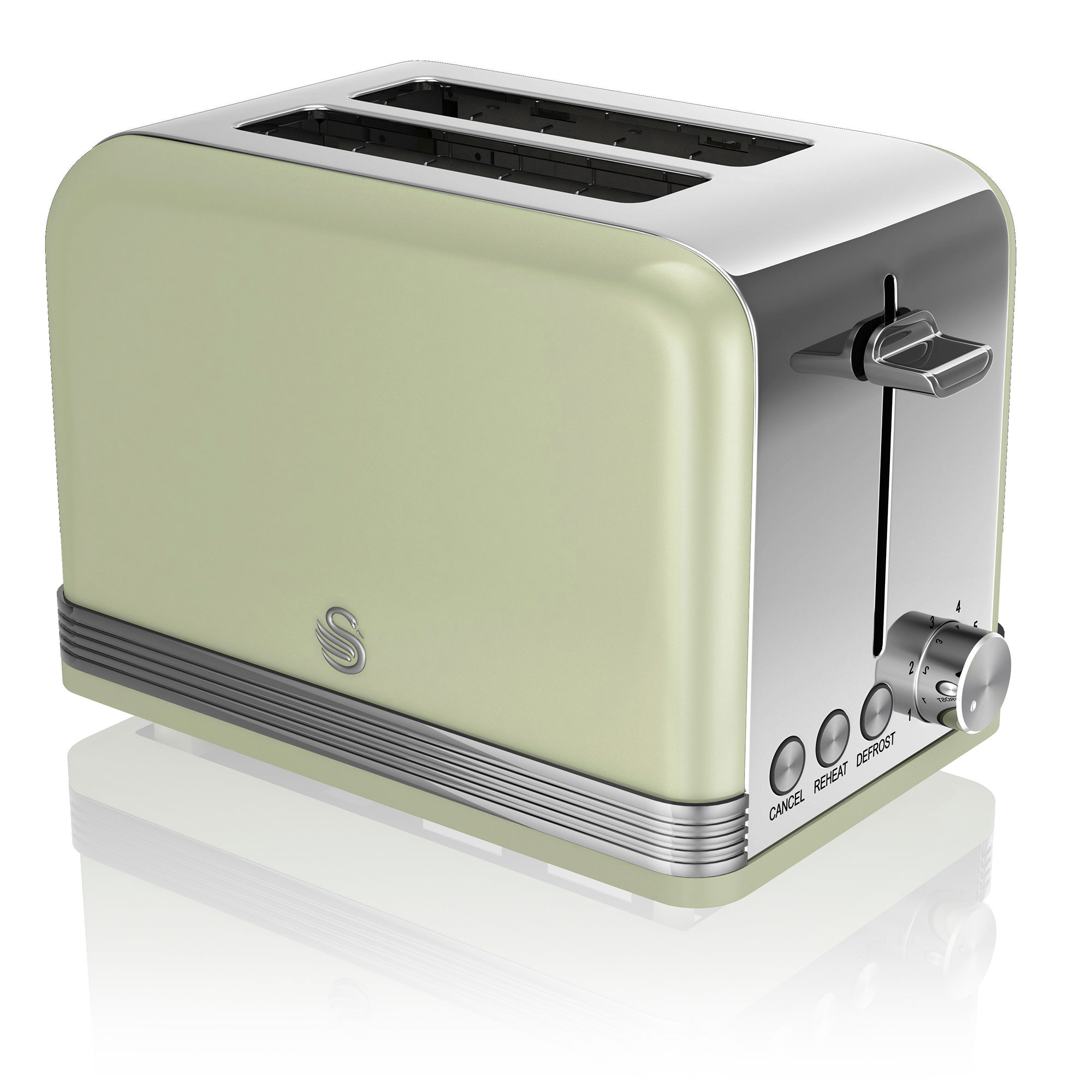 Ein salbeigrüner Toaster mit Chromakzenten und einem Drehregler steht auf einer reflektierenden weißen Oberfläche.