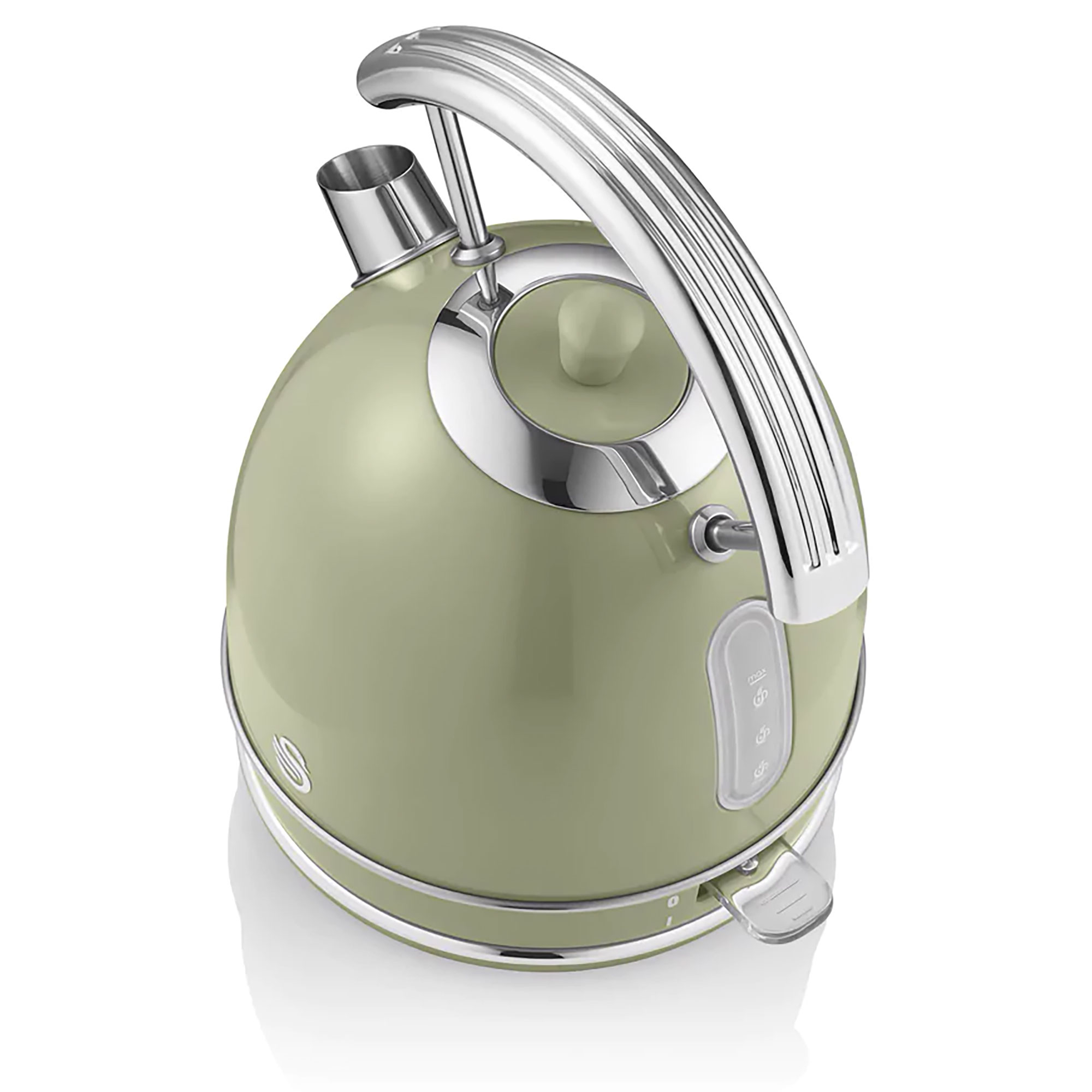Grüner Wasserkocher, Chromgriff, auf Weiß. Glänzendes, modernes Design. Marke Swan.