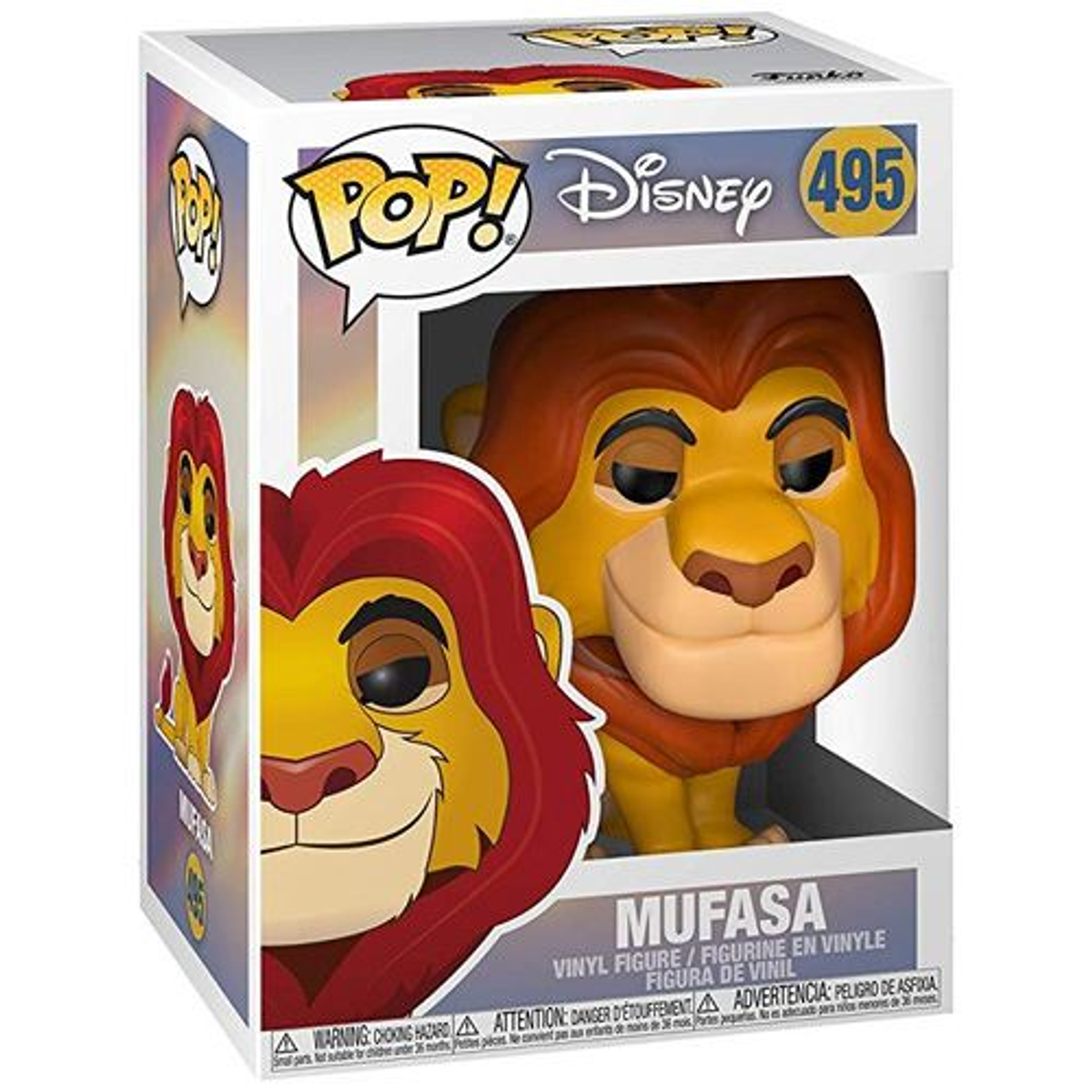 Figura Mufasa Funko Pop in una scatola. La scatola ha l'immagine di Mufasa e il logo Pop!.