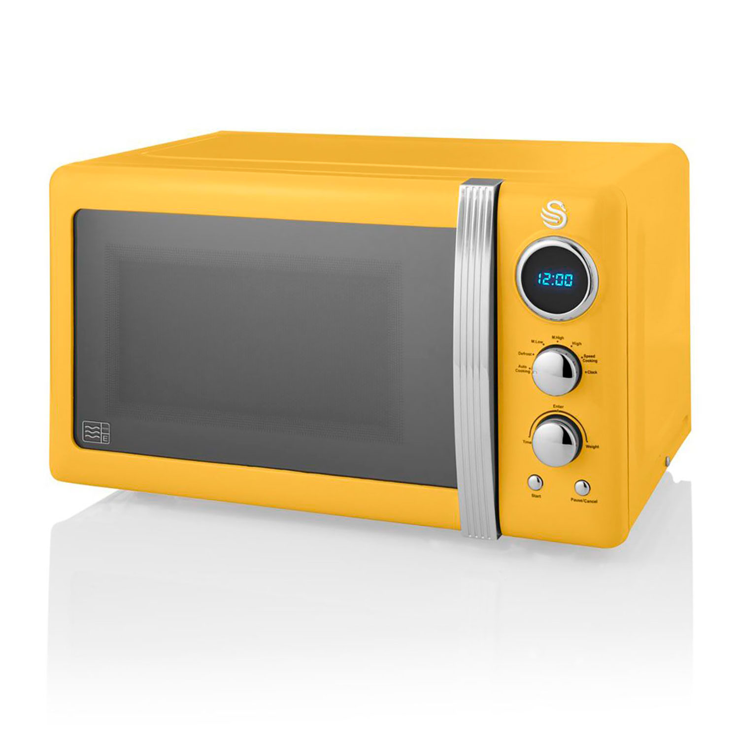Un horno microondas amarillo con reloj digital y perillas de control en la parte frontal.