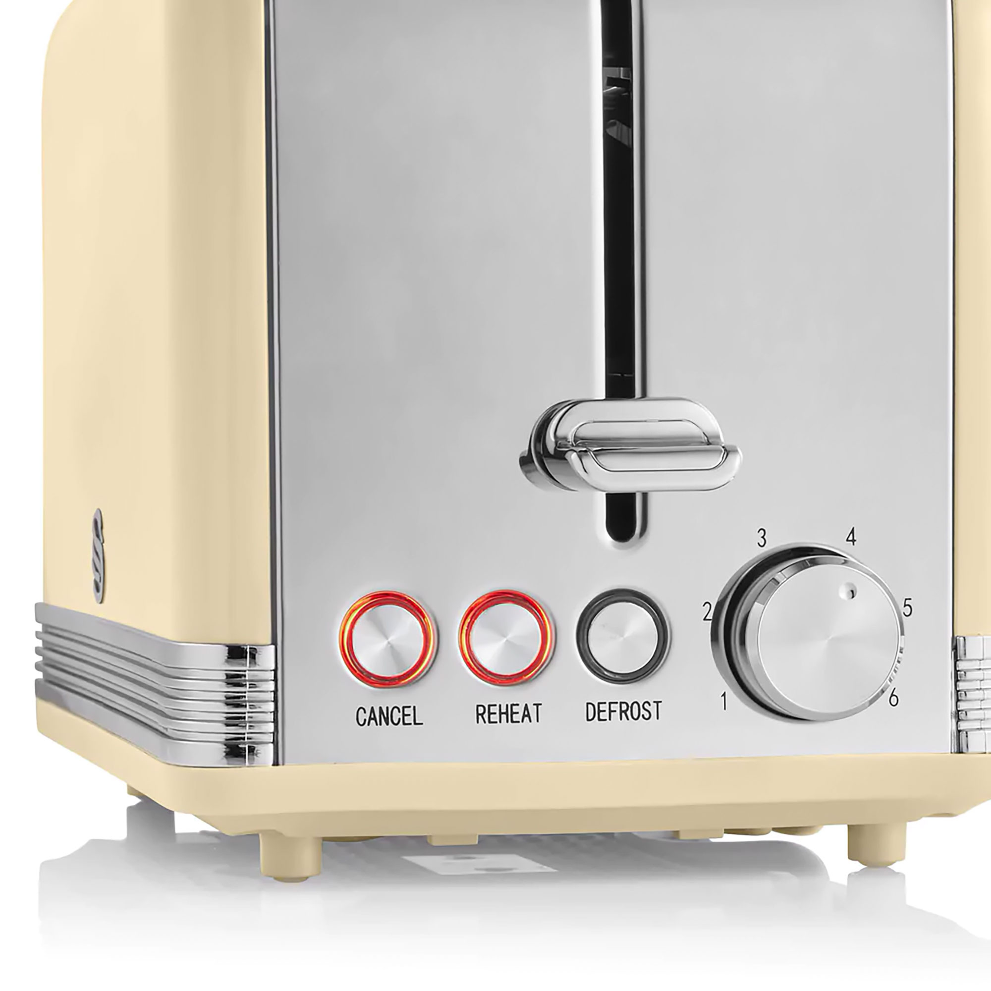 Cremefarbener Toaster mit Chromakzenten. Tasten für Abbrechen, Aufwärmen und Auftauen. Zahlen 1 bis 6.