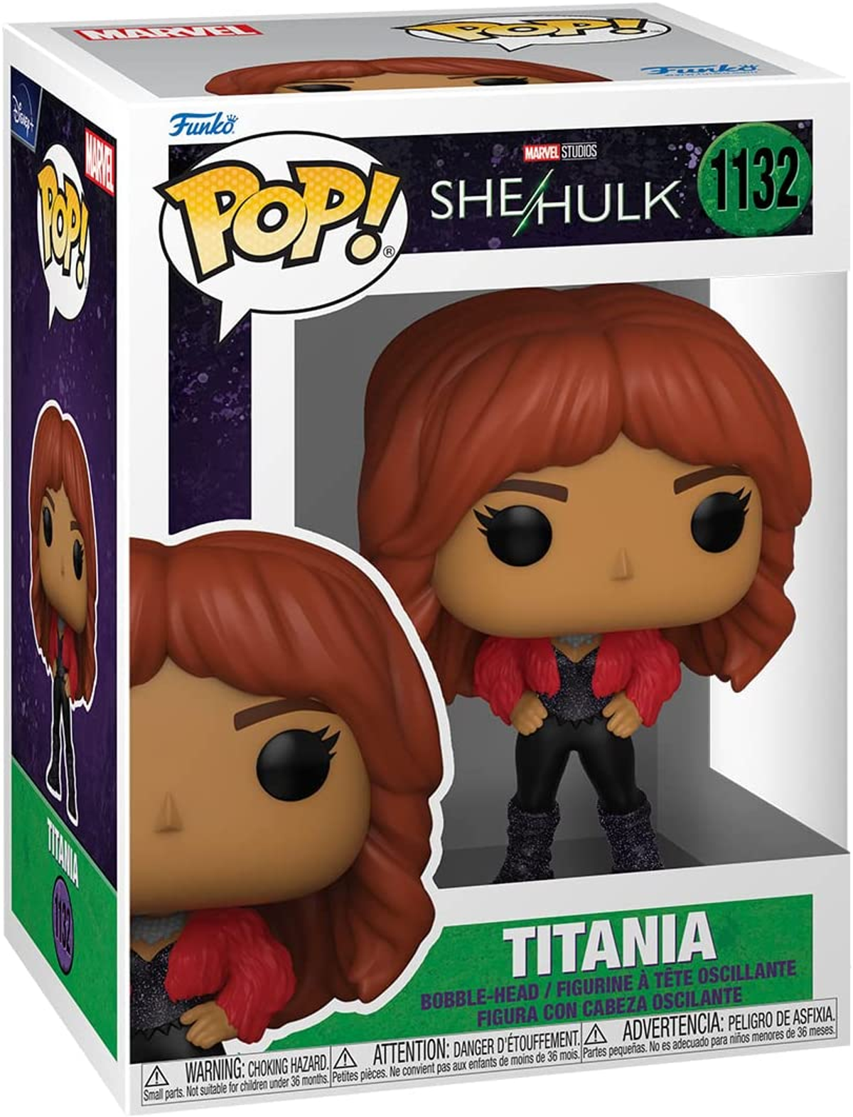 Funko Pop Figur von Titania aus She-Hulk. Die Figur befindet sich in einer Box.