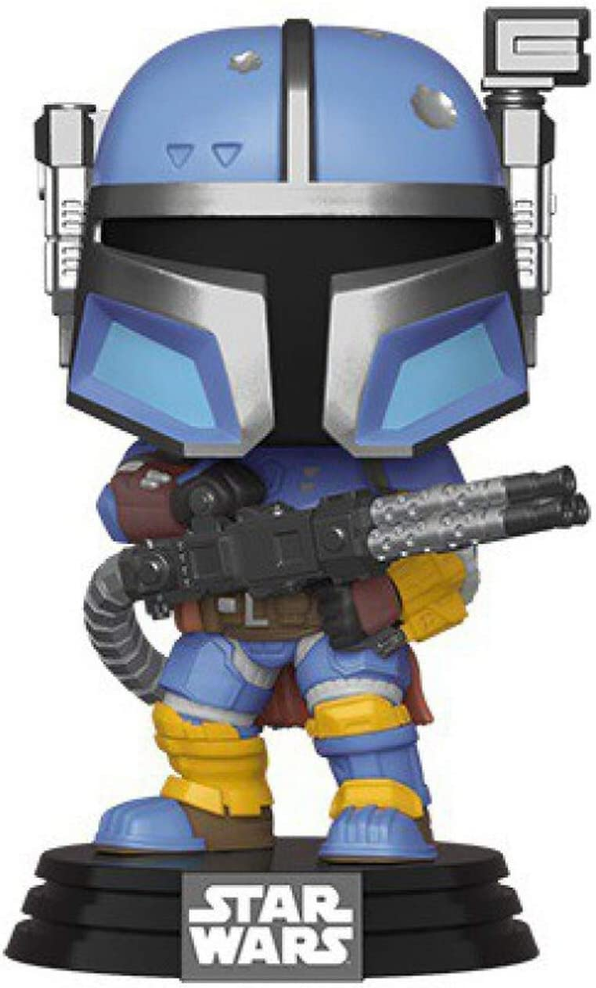 Star Wars Mandalorian Figur mit blauem Helm und einer Waffe.