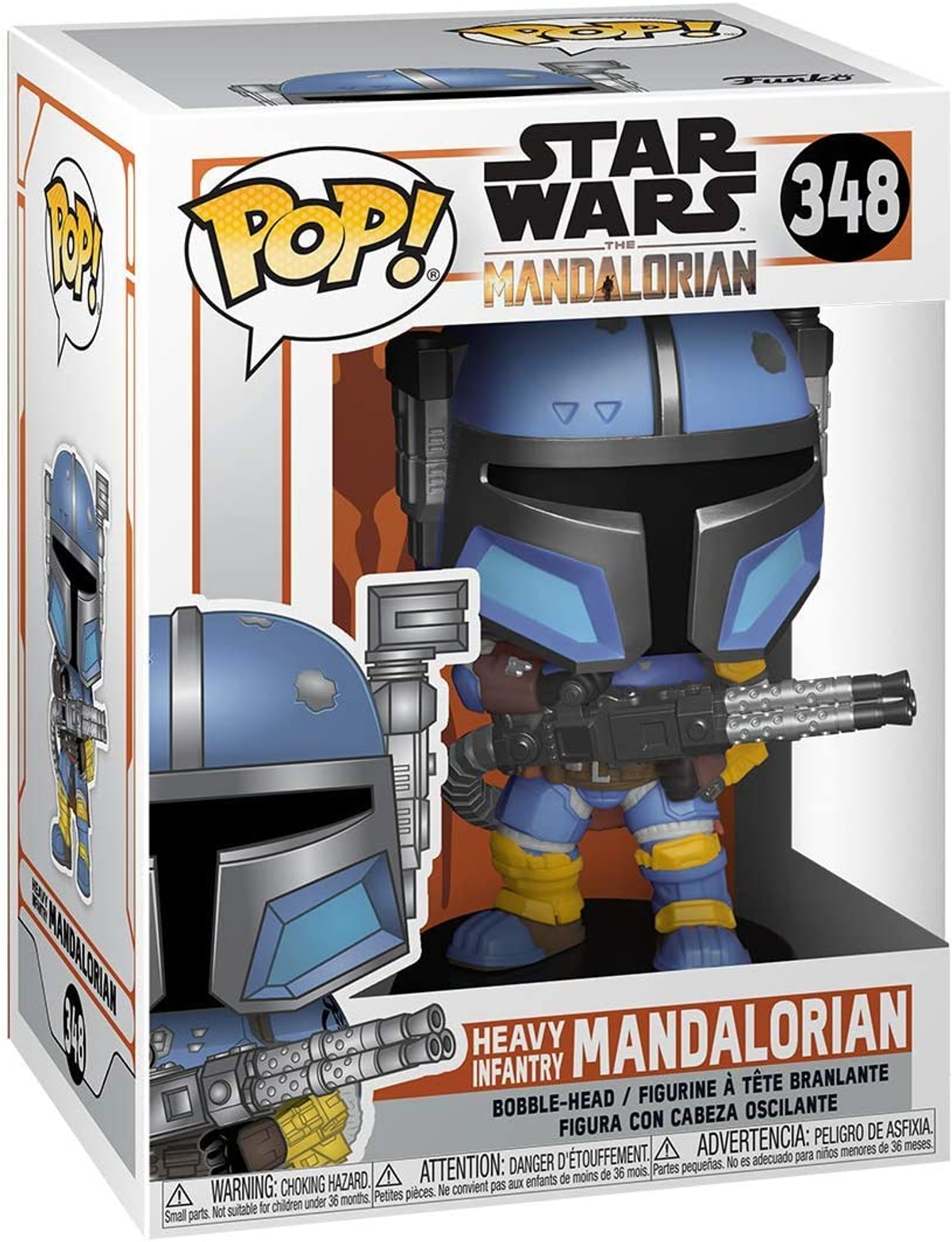 Verpackte Funko Pop Figur eines Mandalorianischen Schweren Infanteristen. Die Box zeigt die Figur.