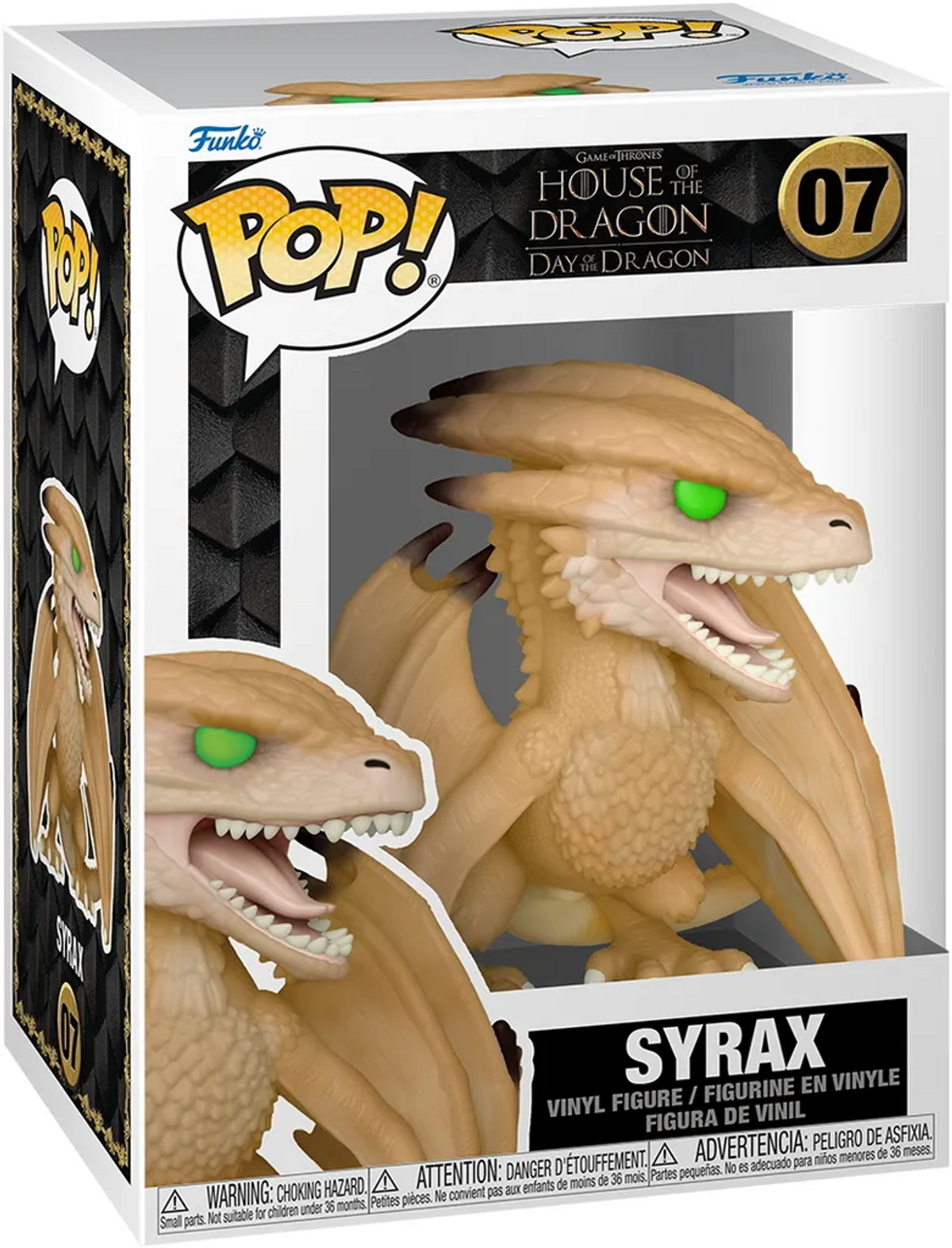 Figura Funko Pop de Syrax en una caja. Es un dragón beige con ojos verdes, de House of the Dragon.