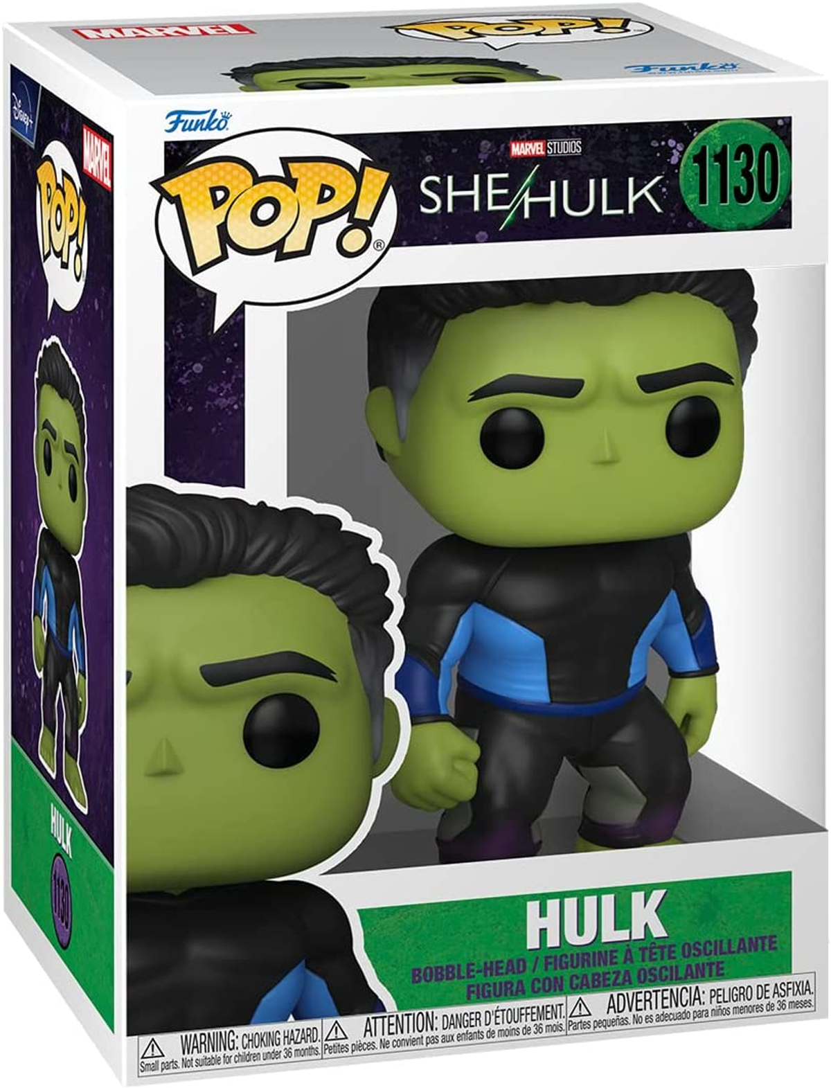 Una figura Funko Pop di She-Hulk in una scatola con dettagli del personaggio.
